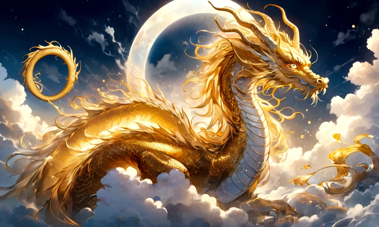 A golden dragon god, gentle gaze, fantastic background, moonlight background, sea of clouds background, golden splashes, mysterious, divine light, mythical creature, traditional Chinese dragon, myth, speckled light, hazy haze, mysterious aura, masterpiece, fantastic, elegant dragon, good fortune, fantasy art