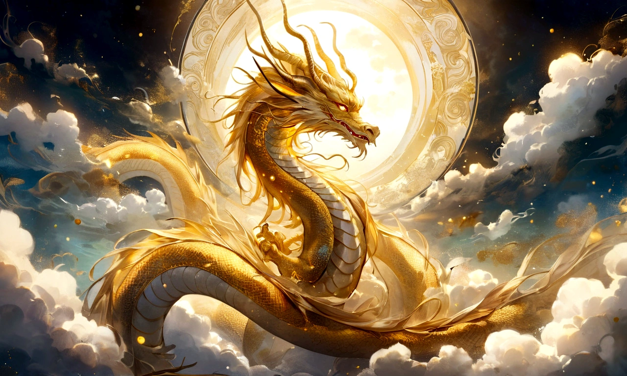 A golden dragon god, gentle gaze, fantastic background, moonlight background, sea of clouds background, golden splashes, mysterious, divine light, mythical creature, traditional Chinese dragon, myth, speckled light, hazy haze, mysterious aura, masterpiece, fantastic, elegant dragon, good fortune, fantasy art