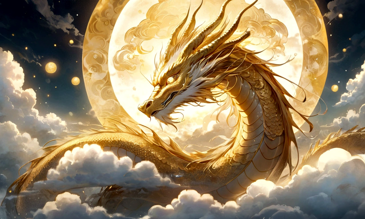 A golden dragon god, gentle gaze, fantastic background, moonlight background, sea of clouds background, golden splashes, mysterious, divine light, mythical creature, traditional Chinese dragon, myth, speckled light, hazy haze, mysterious aura, masterpiece, fantastic, elegant dragon, good fortune, fantasy art