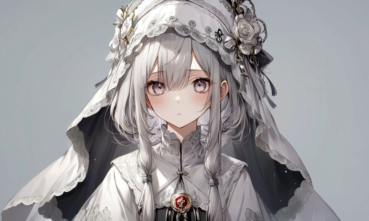 Veil on head, Grey Veil, Gray Hair, Grey White, Gubes&#39;s art style, Arrogant and indifferent girl, Half-squinted, White eyes玉, White eyes, National style, Off-white