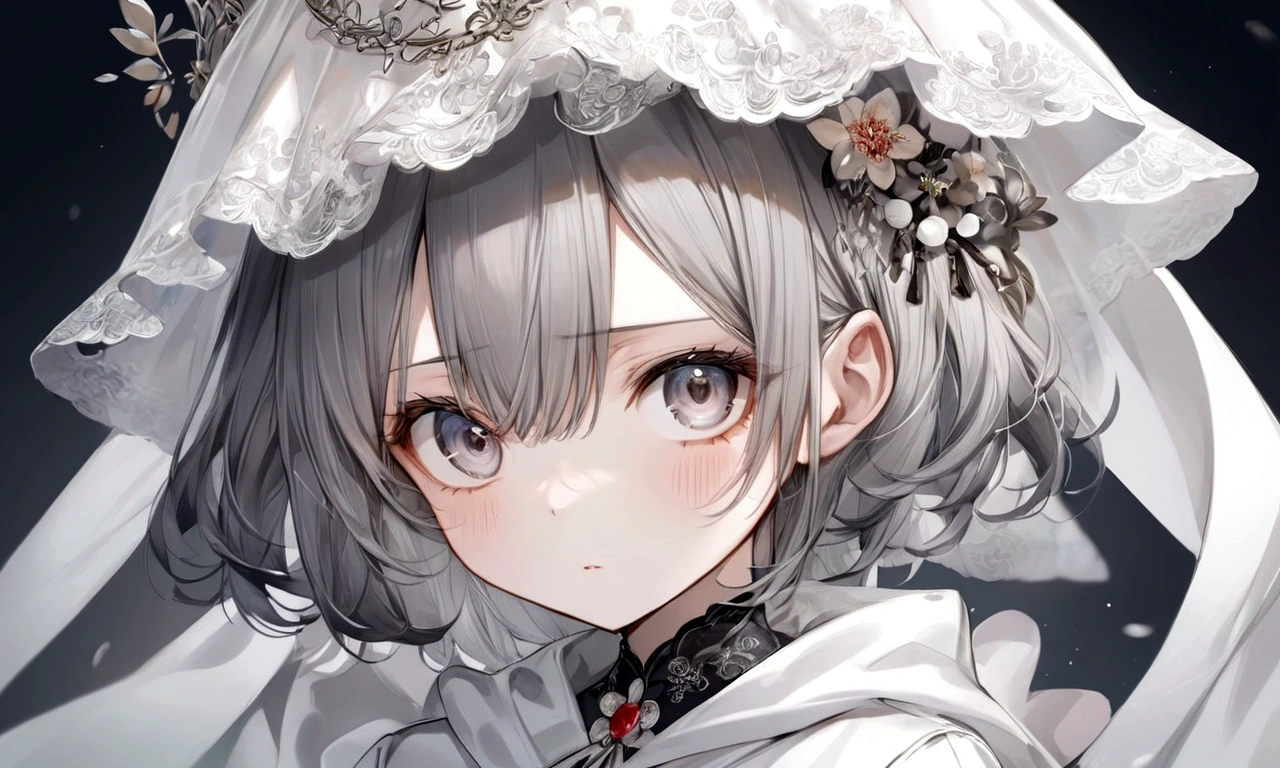 Veil on head, Grey Veil, Gray Hair, Grey White, Gubes's art style, Arrogant and indifferent girl, Half-squinted, White eyes玉, White eyes, National style, Off-white