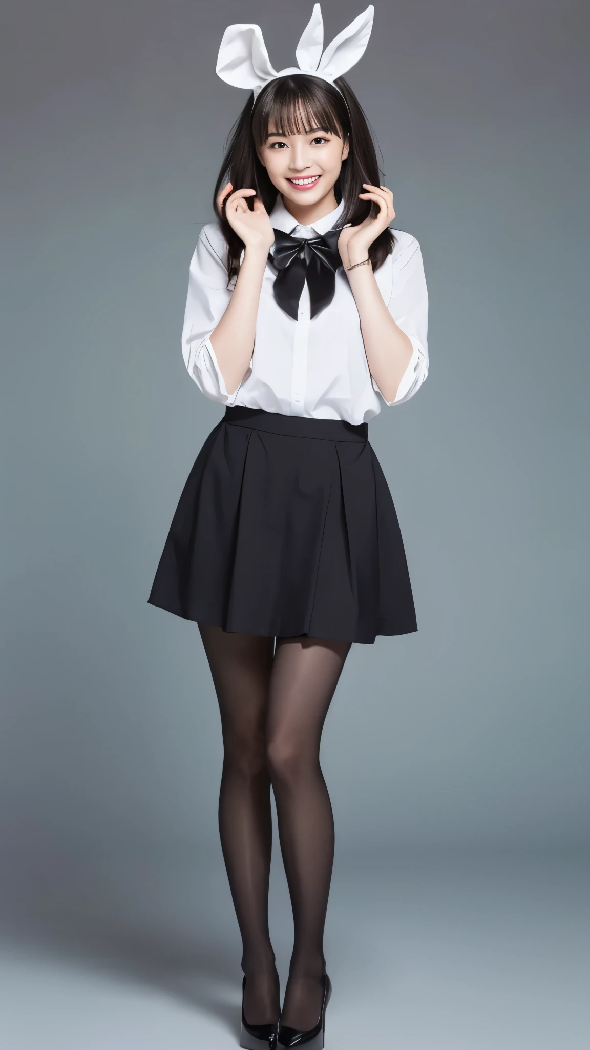 Bunny girl in maid clothes:1.5,Wearing black tights:1.5,The best smile:1.5,Full Body Shot:1.5,Gray background:1.5,Wearing black high heels:1.5,Lift the hem of your skirt with your hands:1.5