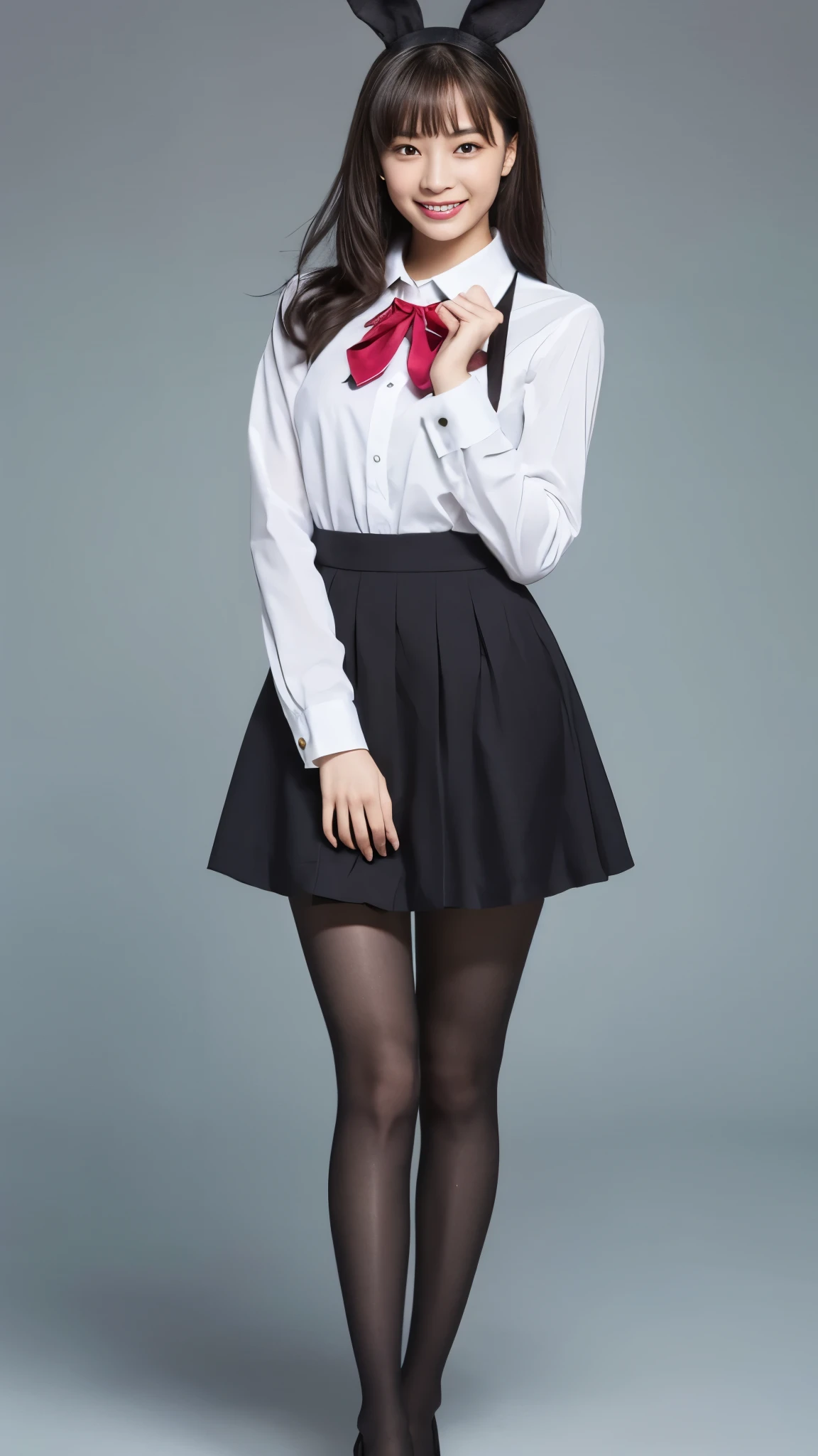 Bunny girl in maid clothes:1.5,Wearing black tights:1.5,The best smile:1.5,Full Body Shot:1.5,Gray background:1.5,Wearing black high heels:1.5,Lift the hem of your skirt with your hands:1.5