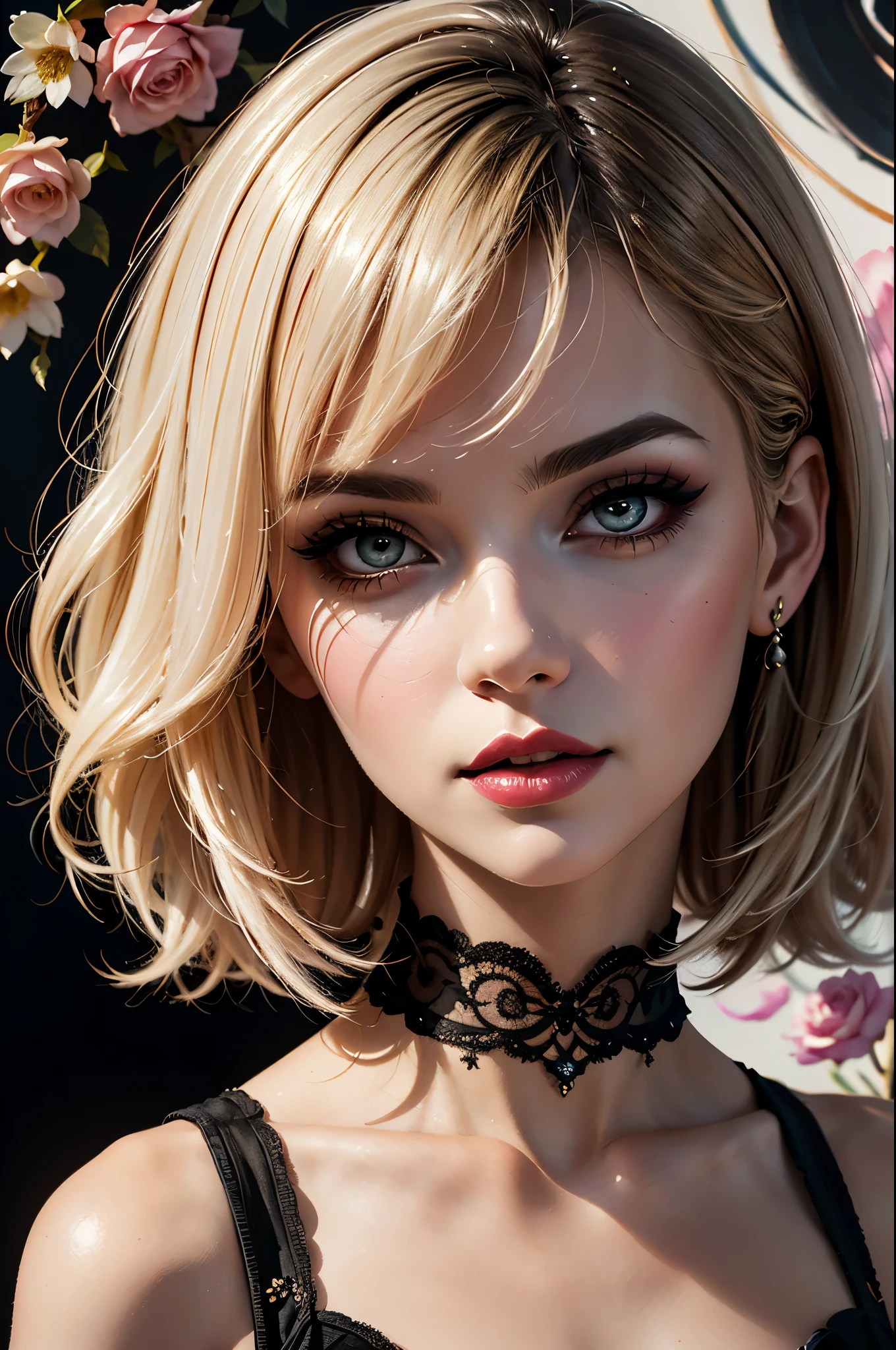 a painting of a woman with a black dress and flowers, inspired by Kelly McKernan, inspired by Harumi Hironaka, inspired by Sandra Chevrier, inspired by Nene Thomas, style of charlie bowater, tom bagshaw style, jana brike art, neoartcore and charlie bowater, in style of tom bagshaw, in style of charlie bowater