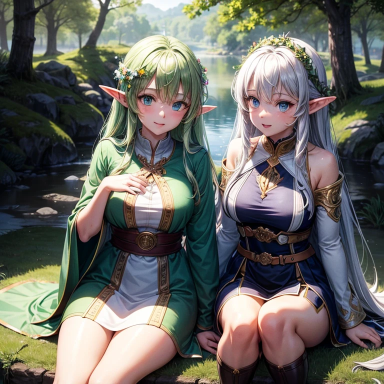 (8k, super details, award winning, high res, anime illustration), two elf girls. One with long silver hair, green eyes. The other with short golden hair, blue eyes, in a green tunic. Magical forest with glowing flowers background, two elf sitting next to each others.