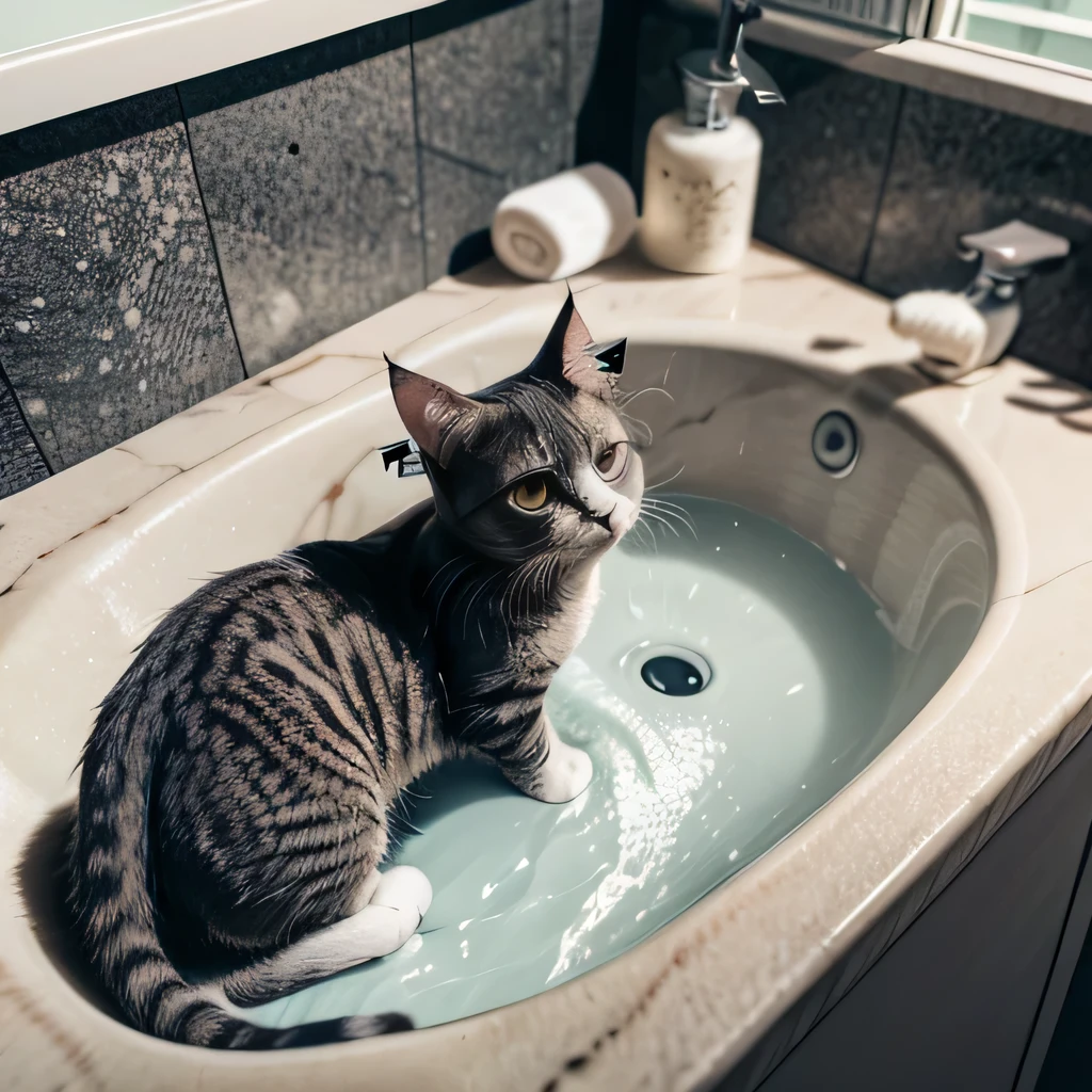 raw photo , 8K, ultra detailed, (cat in wash basin:1.3), upper body, wash basin