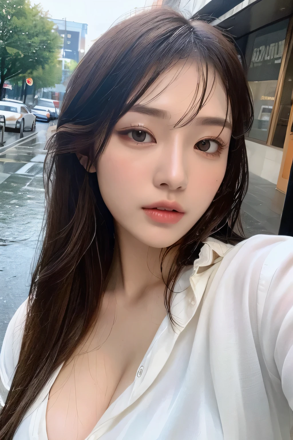 Big Breasts,Low Cut,Cleavage,((highest quality, 8k, masterpiece:1.3)), sharp:1.2, Beautiful woman with perfect body:1.4, Slim Abs:1.2, ((Layered Hairstyles, Huge :1.3,Split:1.2)), (Sheer wet white buttoned long shirt:1.1),(rain,street:1.2),get wet:1.5,Highly detailed face and skin texture,Delicate eyes,double eyelid,