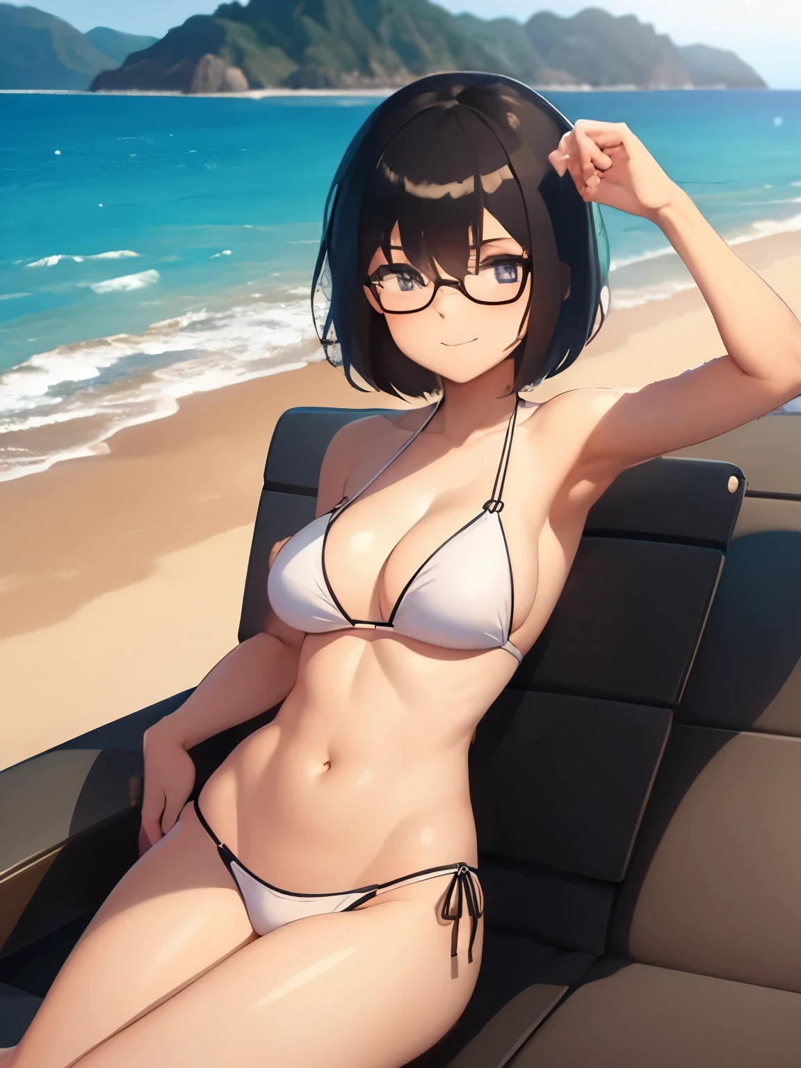 (1girl:1.3), Masterpiece, Best quality, amazing beauty, [[3D]], 4K, absurdres, finely detail, super detailed eye, perfect anatomy, official art, cinematic lighting, BREAK, ocean/beach/sea, sandy beach, boat, silky short hair, asymmetrical bangs, hime cut, black hair, red hair, big eyes, tsurime, harrt shaped pupils, sparkle(in the eyes), Looking at Viewer(camera), Staring, facing this way, close-mouth, Looks like fun, Jubilant, Rejoicing, Joyful, shy, blush, BREAK , usually, medium, slim, slender, lanky, leggy, tan skin, tanned skin, tanlines, wheat skin, shiny skin, gloss skin, suntan, crossed legs, hand on hip, thumbs up, cross-legged, full body, BREAK , (competition swimsuit:1.2), (school swimsuit:1.2), (micro bikini:1.2), (side-tie bikini bottom:1.2), (swimsuit:1.2), BREAK,(Glasses)