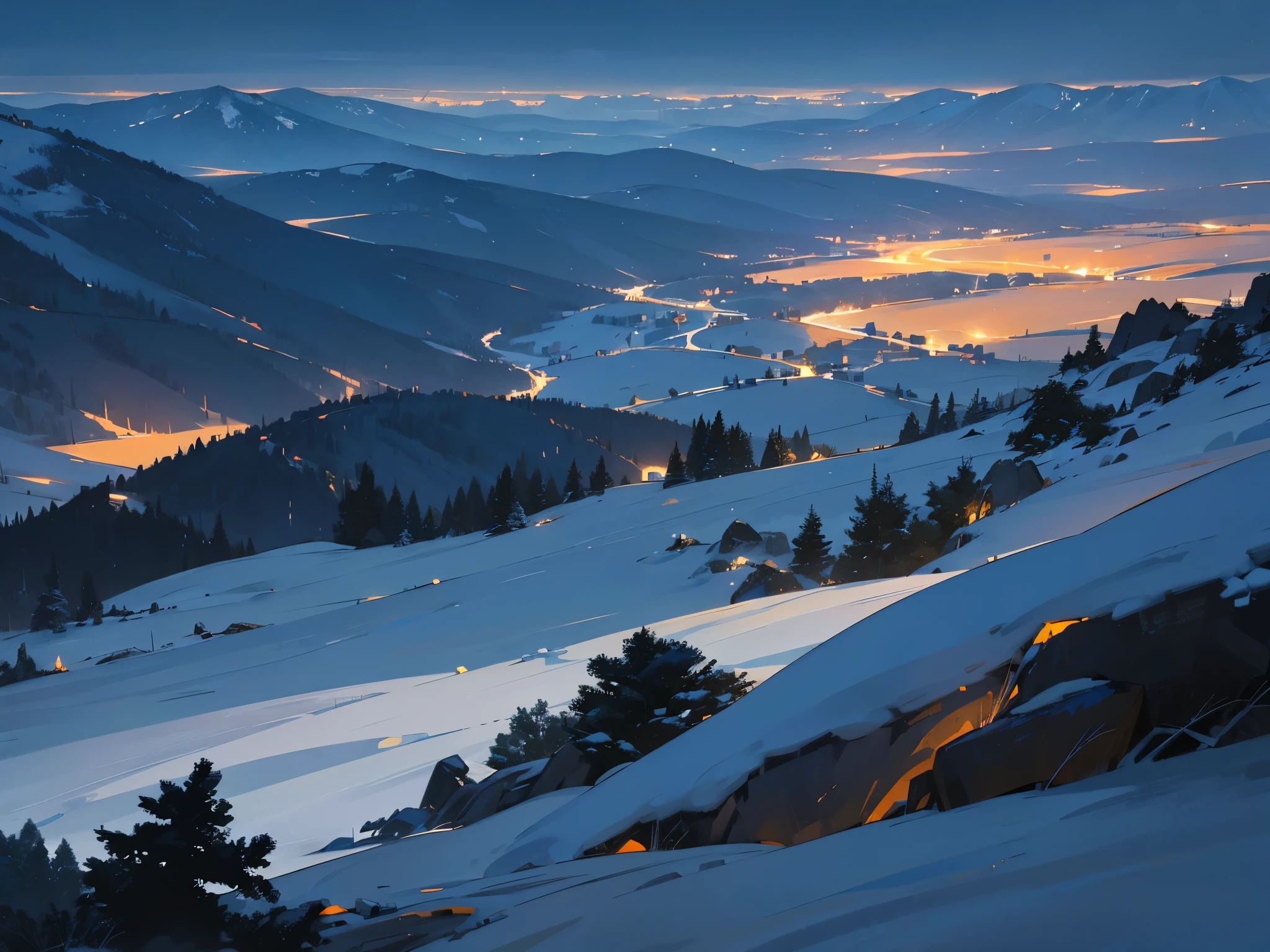 A serene winter dark night scene in a mountainous region, contrasting with the cold blue tones of the snow-covered landscape.