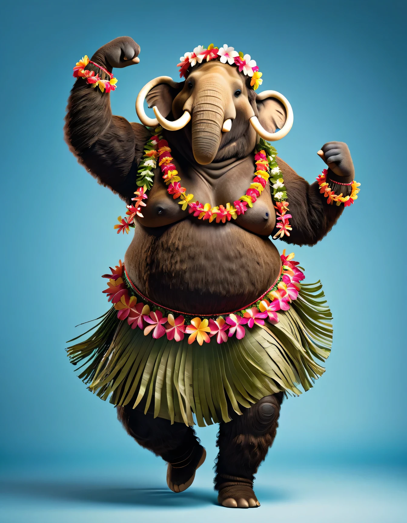 photorealistic portrait of Dressed animals - a ((fat)) mammoth hula dancer,(hula dancing:2.0), (swinging arms :2.0),(happy smile:1.2),high quality,(happy),(lovely) ,intricate details, (furry), highly detailed (( hula dance costume)) ,highly detailed decorations, wearing (bikini) and flower lei , (happy), studio lighting,(full body image:1.5),simple background,(viewed from side:2.0),