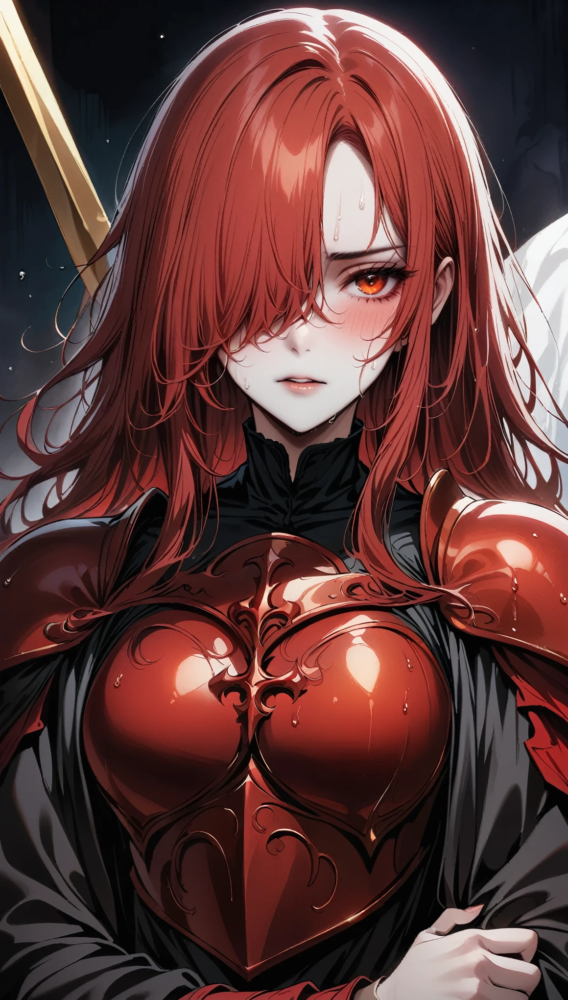 (masterpiece, best quality:1.2),solo,dark skin,sweating skin, (1 female warrior,red long hair)(hair over one eye, wet hair),wearing Red metal Armor,her right hand carry a golden spear