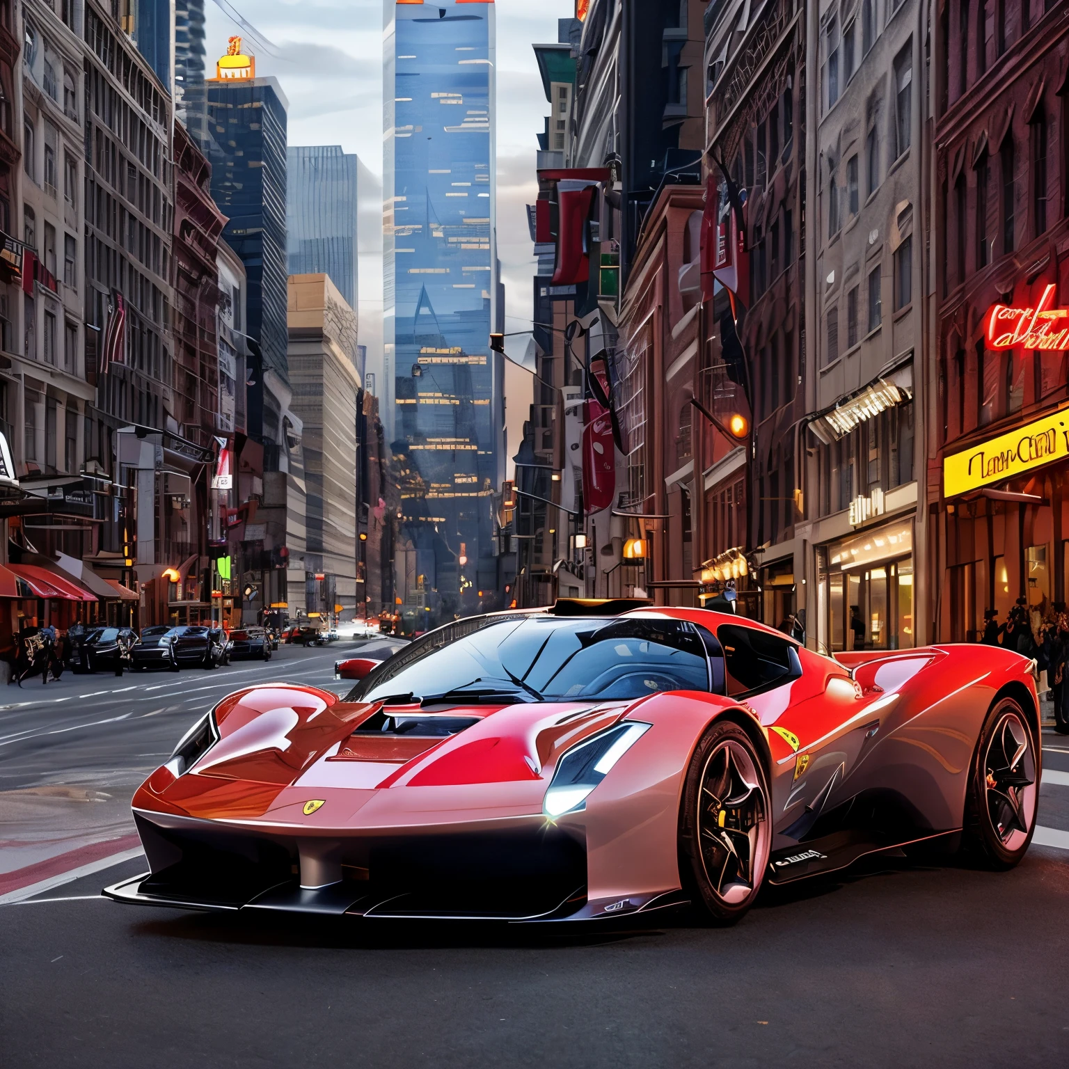 Visualize a stunning scene featuring a highly detailed Ferrari concept car gracefully cruising down the iconic Main Street in downtown NYC. Emphasize the sleek and perfect lines of this high-performance machine, capturing every curve and contour with meticulous precision. Zoom in on micro-details, such as the reflection of city lights on the polished surface of the car, the intricacies of the Ferrari's aerodynamic features, and the play of shadows accentuating its powerful design. Highlight the fine craftsmanship of the Ferrari, showcasing details like the precision of the wheels, the gleam of the headlights, and the smooth, aerodynamic silhouette. Set the background in the heart of downtown NYC, with towering skyscrapers lining the Main Street. Capture the vibrant urban atmosphere, with city lights reflecting off the car's exterior, creating a visually captivating and dynamic scene. Consider the traffic and city life surrounding the Ferrari, adding depth and context to the high-speed elegance of the car. This detailed prompt aims to inspire a highly detailed and visually striking depiction of a FXX Ferrari cruising down Main Street in downtown NYC, focusing on perfect lines, micro-details, and the electrifying energy of the urban environment.