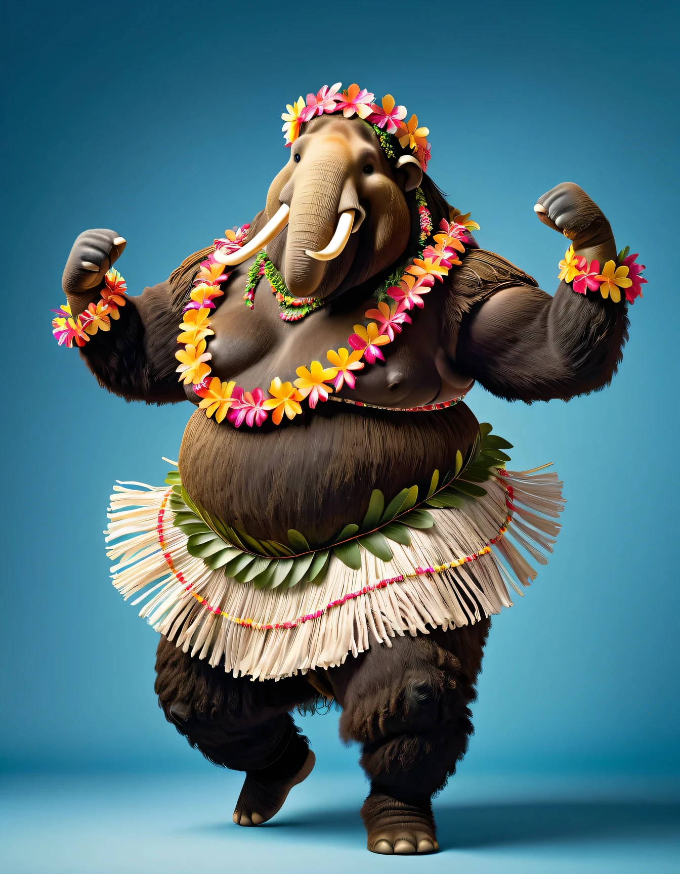photorealistic portrait of Dressed animals - a ((fat)) mammoth hula dancer,(hula dancing:2.0), (swinging arms :2.0),(happy smile:1.2),high quality,(happy),(lovely) ,intricate details, (furry), highly detailed (( hula dance costume)) ,highly detailed decorations, wearing (bikini) and flower lei , (happy), studio lighting,(full body image:1.5),simple background,(viewed from side:2.0),