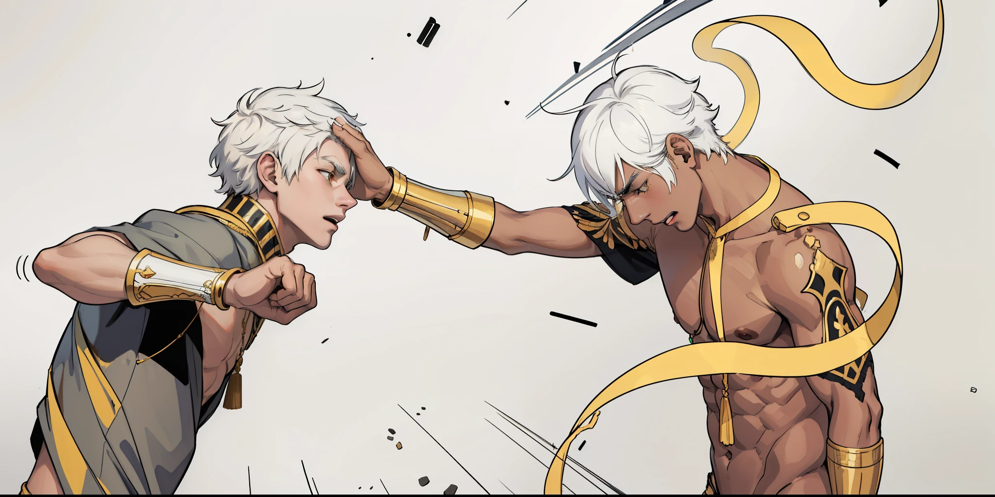 There are two 17-year-old boys with white hair in a fight, golden jewelry, they are in the room of a palace in Egypt, their clothes are black and yellow.