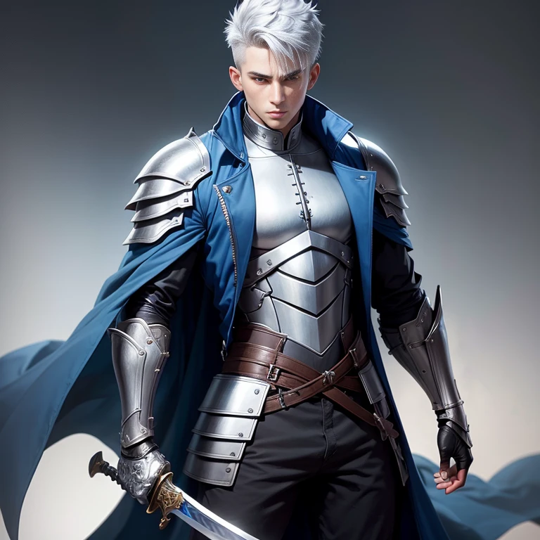 A very short shaven hair male swordsman wearing a small silver armor, blue large trench coat