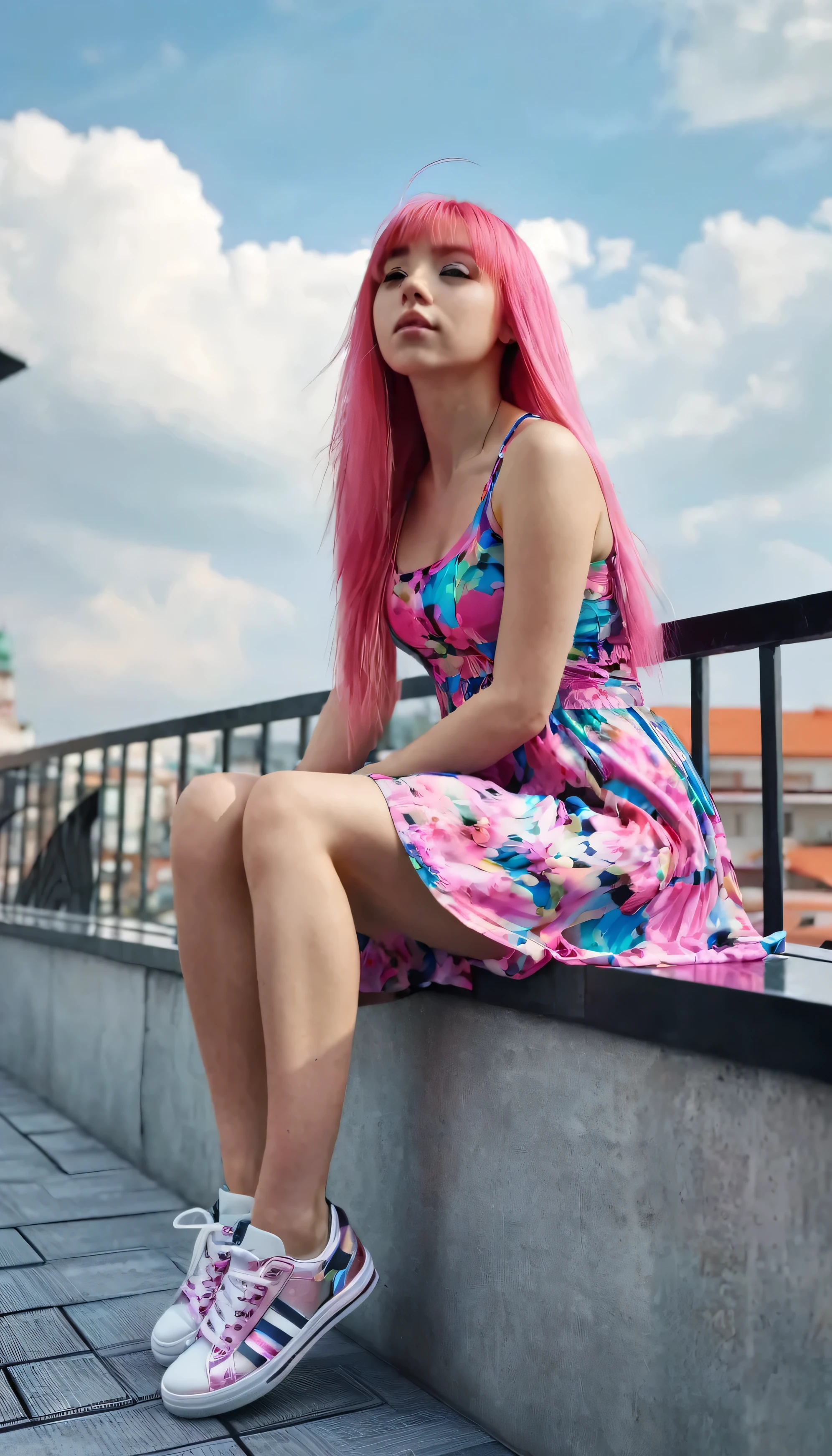 Girl in colorful dress，with long pink hair,(Look from the bottom up:1.3)，athletic sneakers， Shallow space，Urban architectural background，Sit Pose，dynamicposes，Sitting on the balcony on the roof of the glass podium, Best quality, Masterpiece, 8K，depth of fields
