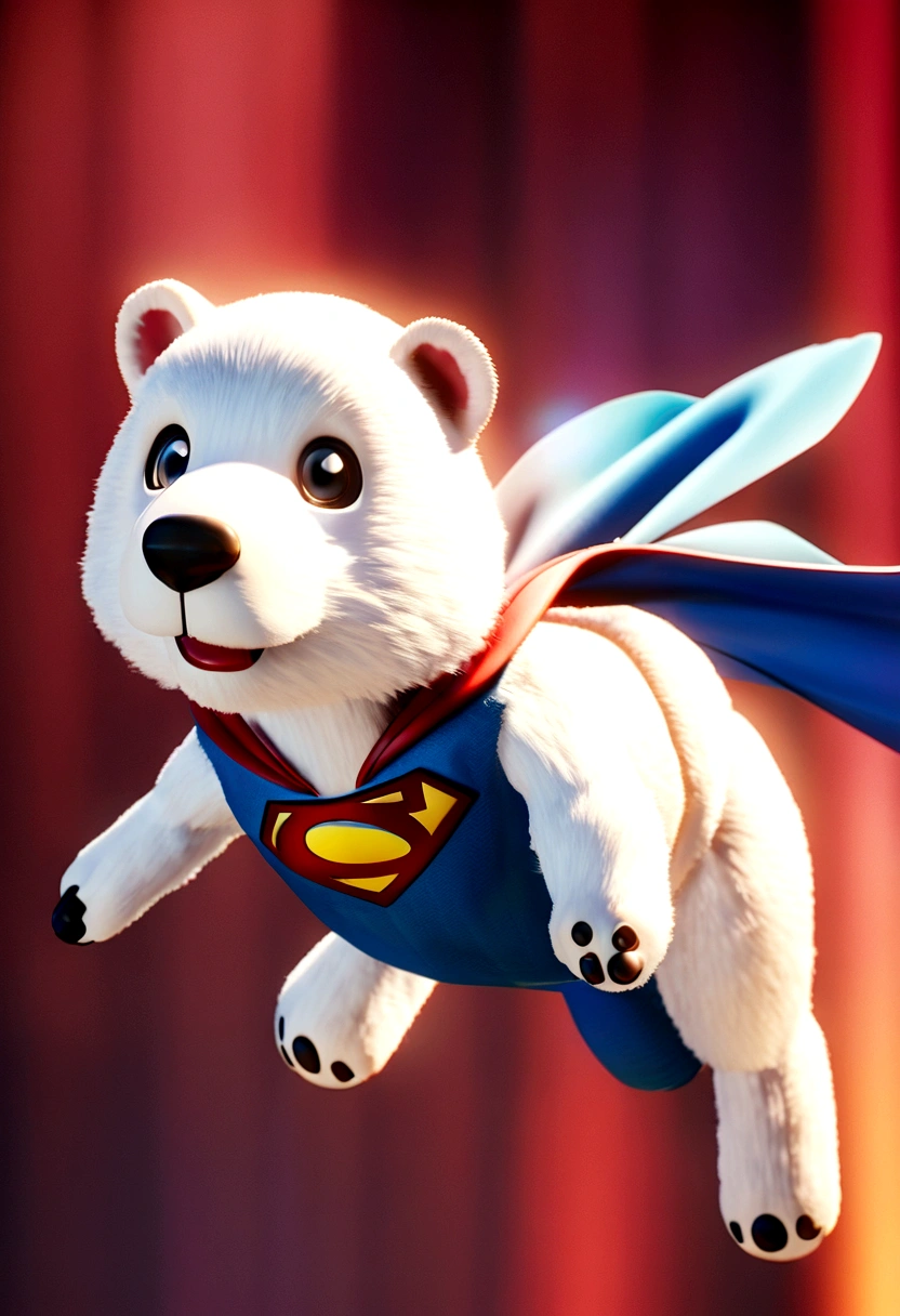  Cute white bear, blue cape with Superman S logo on the chest flying in the air, big eyes, smiling, Pixar, red background, cute baby polar dog, superman, Disney, design, 3D . Detailed fur texture, Quiet and natural mood, Soft lighting. ●AR4:5 - sec 400 - rainbow 5