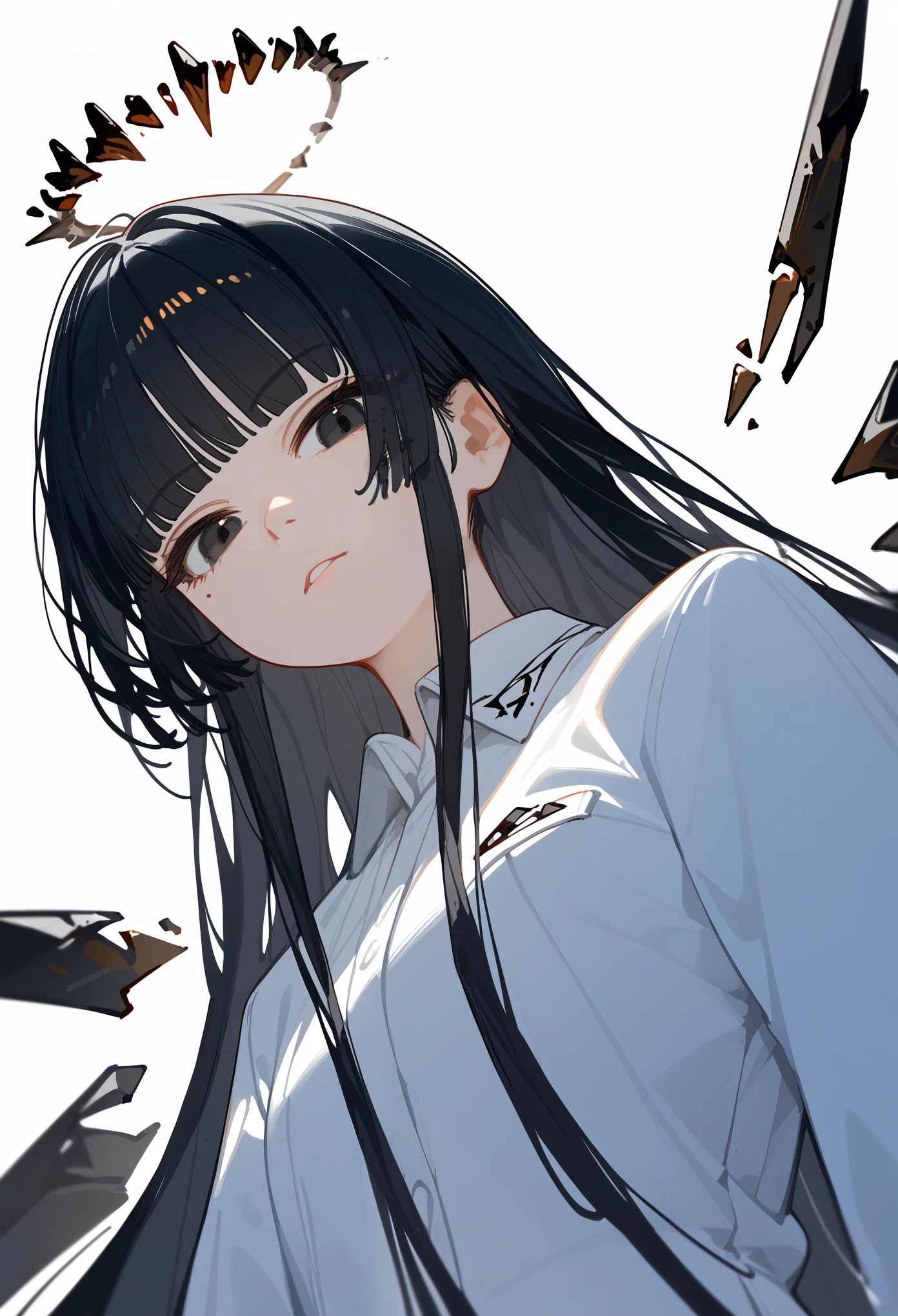 score_9, score_8_up, score_7_up, 1girl, black hair, blunt bangs, long hair, broken halo, black eyes, mole below left eye, alternative clothes, white shirt, collared shirt, energy wings, looking at viewer, from below, close-up, menacing, calm, portrait, white background,