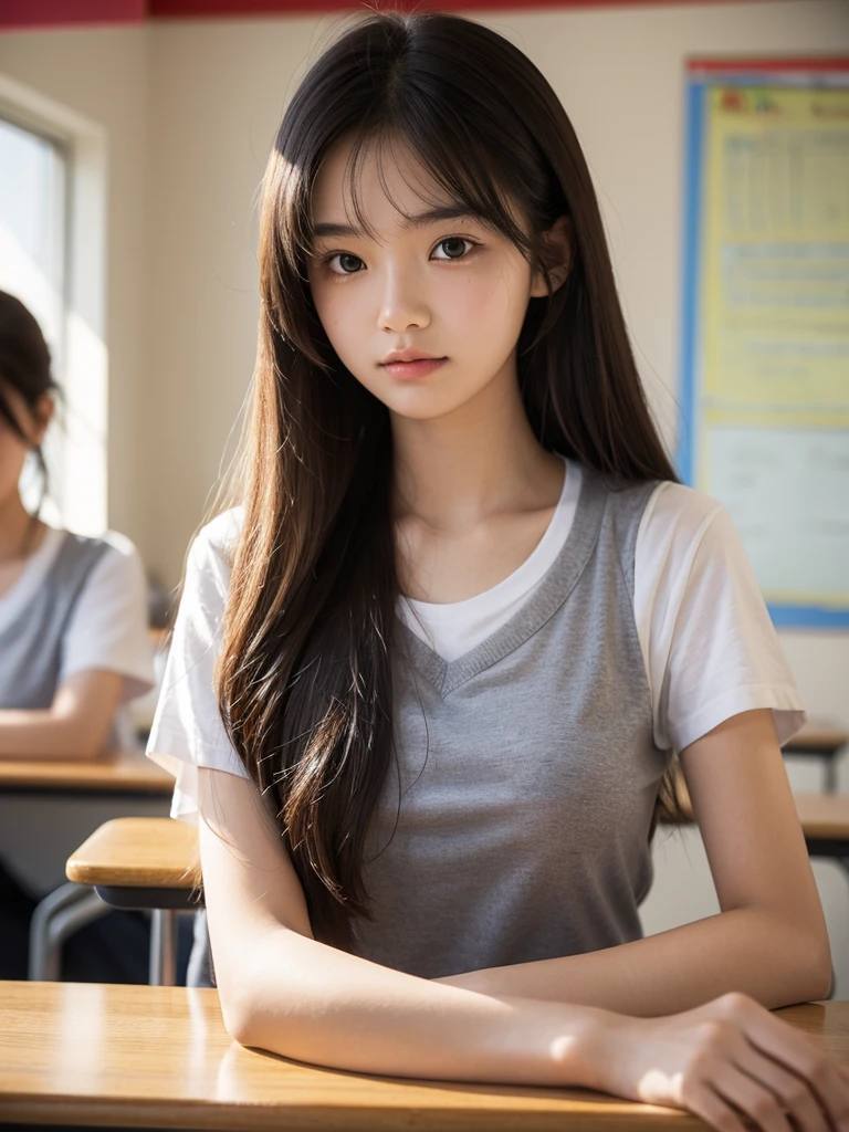 Girl, 17y.o, comma hair, front of class, school