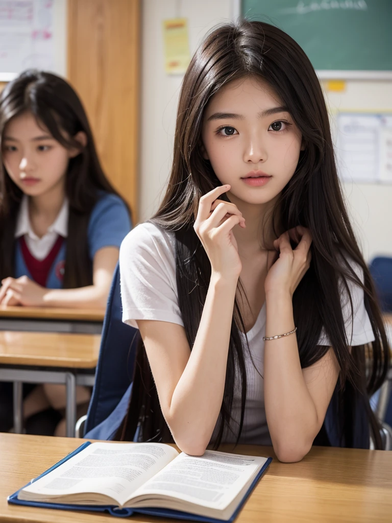 Girl, 17y.o, comma hair, front of class, school