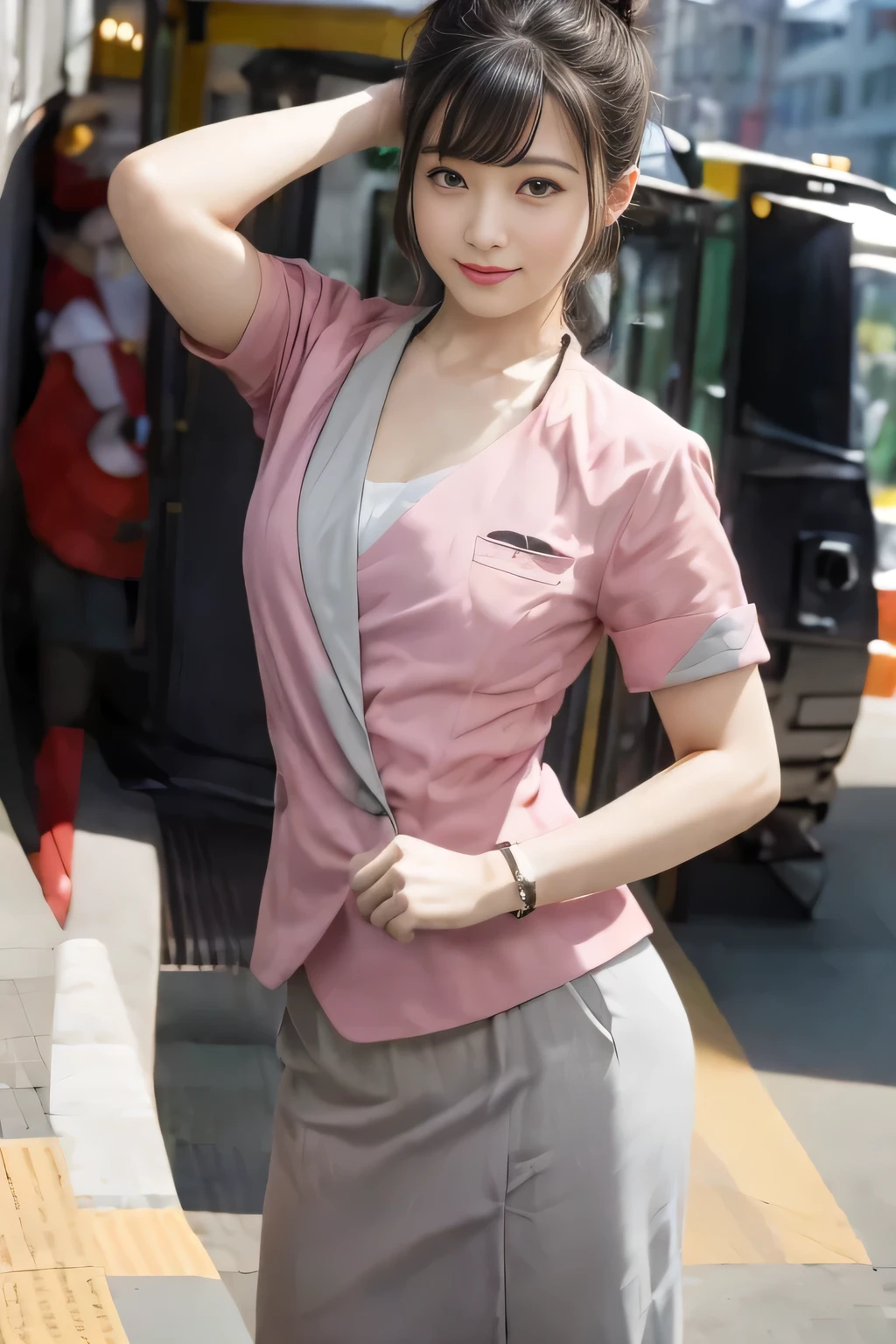 (masterpiece:1.2, highest quality:1.2), 32K HDR, High resolution, (alone、1 girl)、(On the rooftop of a building in the daytime、Professional Lighting)、Building rooftop background、(Nankai train crew uniform pinkを着たリアルスタイル)、(Nankai train crew uniform pink short sleeve pink jacket、Nankai Train Crew Uniform Pink Collarless Short Sleeve Blouse、Nankai Train crew uniform pinkのグレー色のキュロットスカート)、Dark brown hair、(Hair tied up、Hair Bun、Hair Bun)、Dark brown hair、Long Shot、Big Breasts、Thin legs、((Great hands:2.0)),((Harmonious body proportions:1.5)),((Normal limbs:2.0)),((Normal finger:2.0)),((Delicate eyes:2.0)),((Normal eyes:2.0)))、smile、(Nankai Train crew uniform pinkのグレー色のキュロットスカートを見せた美しい立ち姿)、Put your hands down、I have nothing in my hands