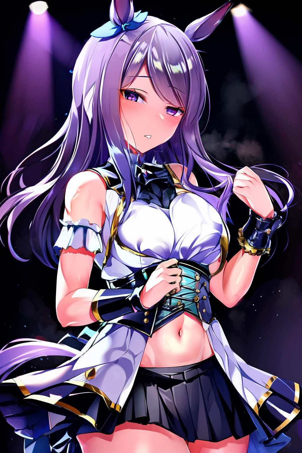 (masterpiece, best quality:1.2), 1girl, solo, Mejiro McQueen, Mejiro McQueen\(umamusume\), silver hair, long hair, horse ears, horse girl, long hair, glowing eyes, layered skirt, (dark magical girl), corruption, combatant, pelvic curtain, looking at viewer, shiny glossy skin, on stage, concert, spotlight