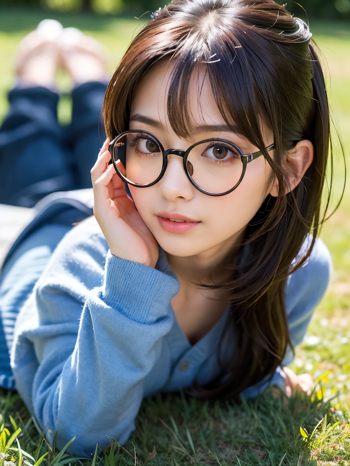 (Best-quality, Masterpiece, Ultra-High-Resolution, (Photorealistic:1.4), Raw Photo, depth of field, professional lighting, perfect anatomy, extremely details), from above, 1girl, the most famous Japanese actress, Sunny day, at noon, In summer park, (Lying on back on grass, hands on head), filled with happiness, ((wearing stylish big-round-glasses and luxurious casual-clothes)), (extremely beautiful face like the most popular Japanese actress, ((extremely beautiful and extremely big eyes)), extremely beautiful realistic-skins), extremely beautiful hair, extremely beautiful long-eyelashes, extremely beautiful lips, looking at viewer, innocent smile, detailed stylish-big-round-glasses