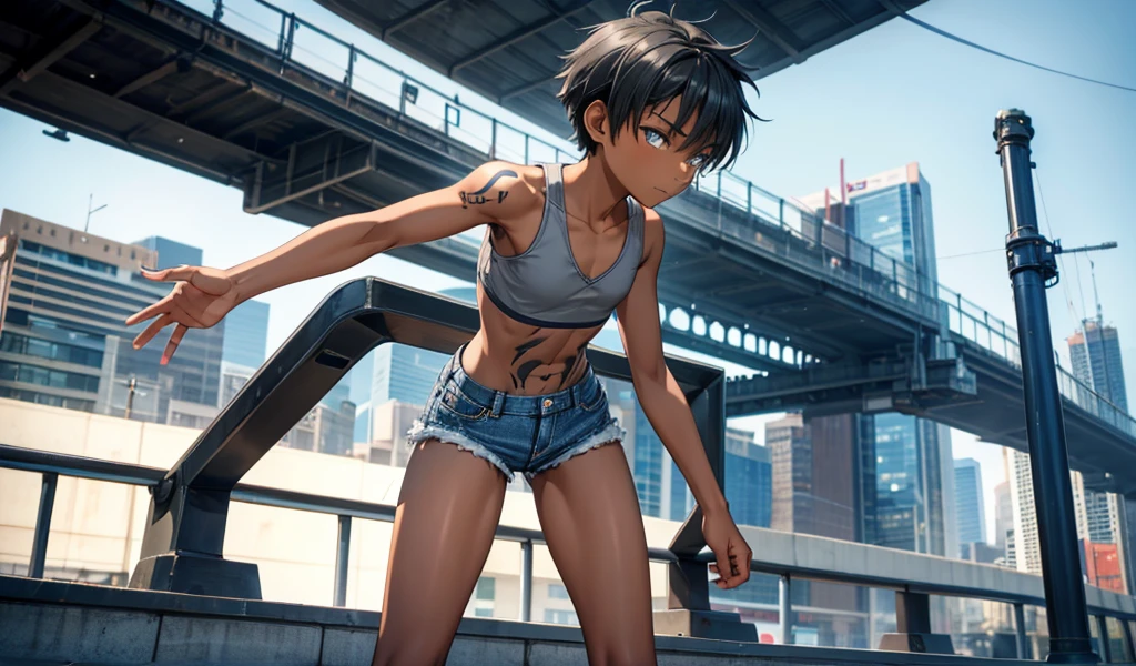 A twelve-year-old boy with short gray hair and dark skin，flat chest，Very slim figure，Sports bras，Vest，tattoo，Thin legs，Denim shorts，City