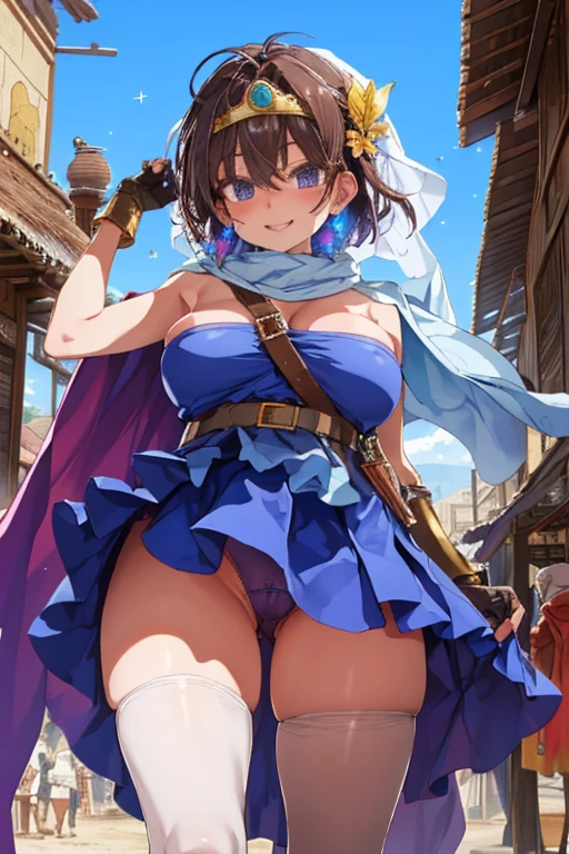 (Outdoor Environments),Desert town bazaar,Whimsical storefront,Fascinating market stalls,Bearded man wearing a turban,
Woman hiding her face with a cape and veil,
Magical artifacts and potions,A large amount of food is lined up,Dust,the wind is strong,砂stone,(oasis:1.2),
((highest quality)), ((masterpiece)),(detailed),High resolution,Sharp focus,Perfect Face,{best illustration},
(非常にdetailed CG unity 8k wallpaper),(((Vibrant colors))),Official Art,DQ3,One girl,short hair, 
shiny 肌,very shiny 肌,Shiny body,plastic glitter 肌,exaggerated shiny 肌,illuminated skin,
((detailedなボディ)),(detailedな顔)), cute,Lewd,erotic,Bold,Camel Toe,Muscular,
Brown Hair,blue eyes,Gold circlet with blue jewel,Big Breasts,Cleavage,
Strapless,Blue clothes,Purple Cape,Knee socks,gloves,boots,belt,sheath,肘用gloves, 革のboots, 革のbelt,
(sheathに納められた武器, Weapon on the back, Sword on the shoulder:1.1),
seductive smile,　蠱惑的なsmile,
Shy laugh,smile, Open your mouth,
skirt lift by myself, showing panties, (from below),