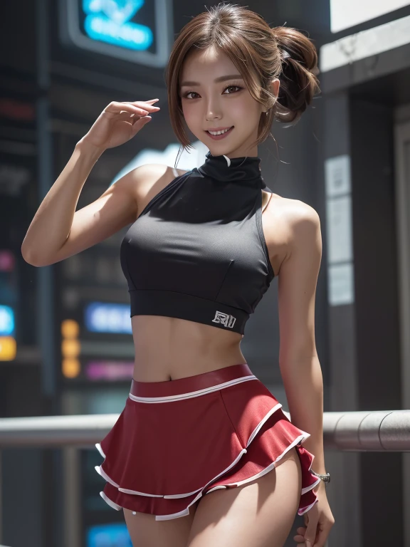 (highest quality),8k,(masterpiece:1.3),(1 girl:1.3),Perfect figureの美しい女性:1.4, (Layered Hairstyles, Small breasts:1.4), ((Displaying the viewer)), (大きなsmile:1.2),Realistic,High resolution,Highly detailed face and skin texture, Realistic faces, Original photo, ((Beautiful Face:1.5)) ,Cute Korean Girl, K-Pop Idols,Perfect figure,Whitening the skin, Shiny skin, ((Tight waist:1.2)), (Small Ass), (Very slim muscular body:1.24), ((Highly detailed face)),Attention to detail,double eyelid,Eyeshadow Enhancement,Attention to detail,Professional Lighting, (Sharpen your focus), ((((Cyberpunk Style)))), (( Light-colored clothing)),((Brightly colored cropped tank top ,Short mini skirt)),((panties)), ((Exposing thighs)), (erotic:1.3), (((A short skirt that hugs the hips))),((((runner)))) 、Nature background、smile、