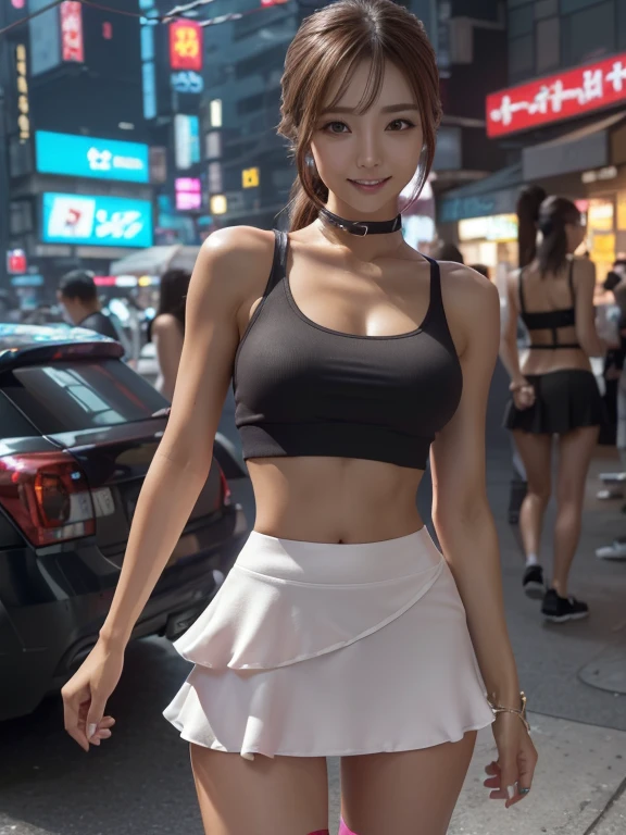 (highest quality),8k,(masterpiece:1.3),(1 girl:1.3),Perfect figureの美しい女性:1.4, (Layered Hairstyles, Small breasts:1.4), ((Displaying the viewer)), (大きなsmile:1.2),Realistic,High resolution,Highly detailed face and skin texture, Realistic faces, Original photo, ((Beautiful Face:1.5)) ,Cute Korean Girl, K-Pop Idols,Perfect figure,Whitening the skin, Shiny skin, ((Tight waist:1.2)), (Small Ass), (Very slim muscular body:1.24), ((Highly detailed face)),Attention to detail,double eyelid,Eyeshadow Enhancement,Attention to detail,Professional Lighting, (Sharpen your focus), ((((Cyberpunk Style)))), (( Light-colored clothing)),((Brightly colored cropped tank top ,Short mini skirt)),((panties)), ((Exposing thighs)), (erotic:1.3), (((A short skirt that hugs the hips))),((((runner)))) 、Nature background、smile、