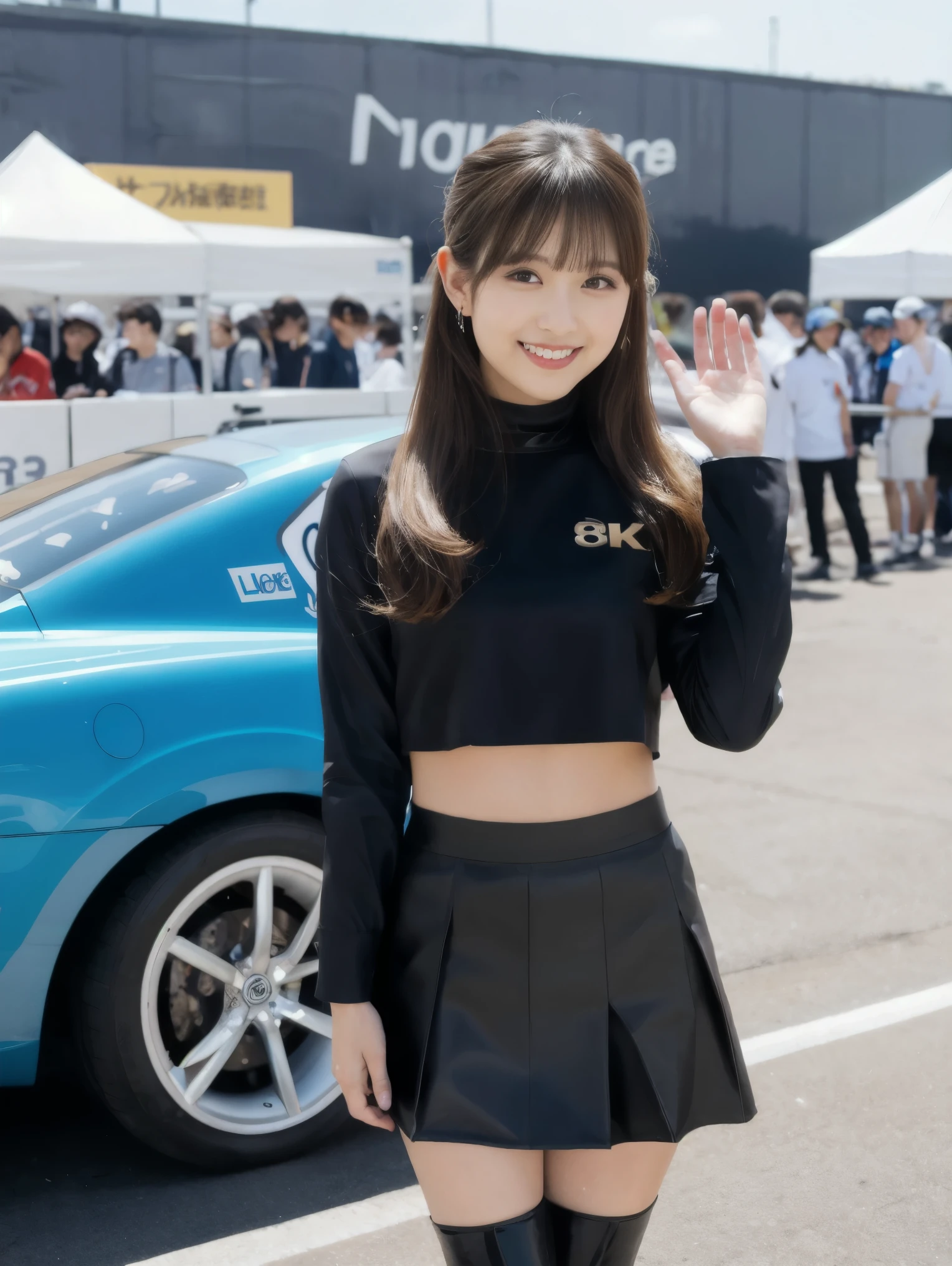1 girl:1.3),Zent,Black mini skirt,alone,Long Hair,(whole body:1.5),Black Hair,abdomen,smile,Realistic,(Black long boots),Crop top,Are standing,Beautiful Japanese Girl,(Race Queen),wave hands,thin,Detailed aspect,Beautiful Hair,Beautiful Skin,smile,Beautiful person (woman),(dynamic_angle:1.2),Depth of written boundary,, (8k, RAW Photos, highest quality, masterpiece:1.2), (Realistic, photo-Realistic:1.37),Ultra-high resolution, Super detailed, Super detailed, Detailed skin, Sharp focus,(Beige pantyhose)、(黒のRace Queenのエナメルコスチューム)、At a Japanese circuit、Large crowd、Cool sports car、
Waiting to start 