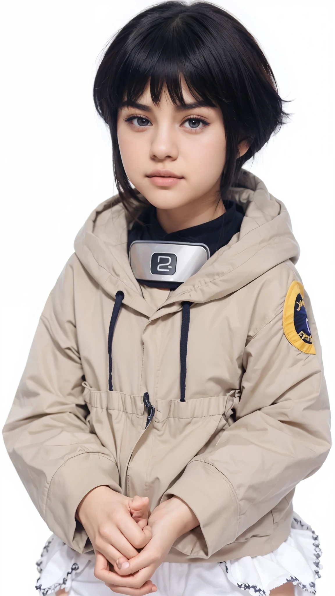 Selena Gomez is Hinata Hyuga, Extremely Realistic, Very Beautiful, 12 years old, Short dark blue hair, sweatshirt