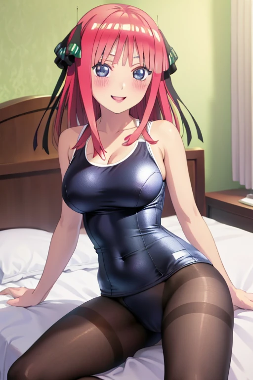 masterpiece, best quality, insanely detailed, beautiful, nino nakano, one-piece swimsuit, , pantyholush, smile, bed room, legs spread