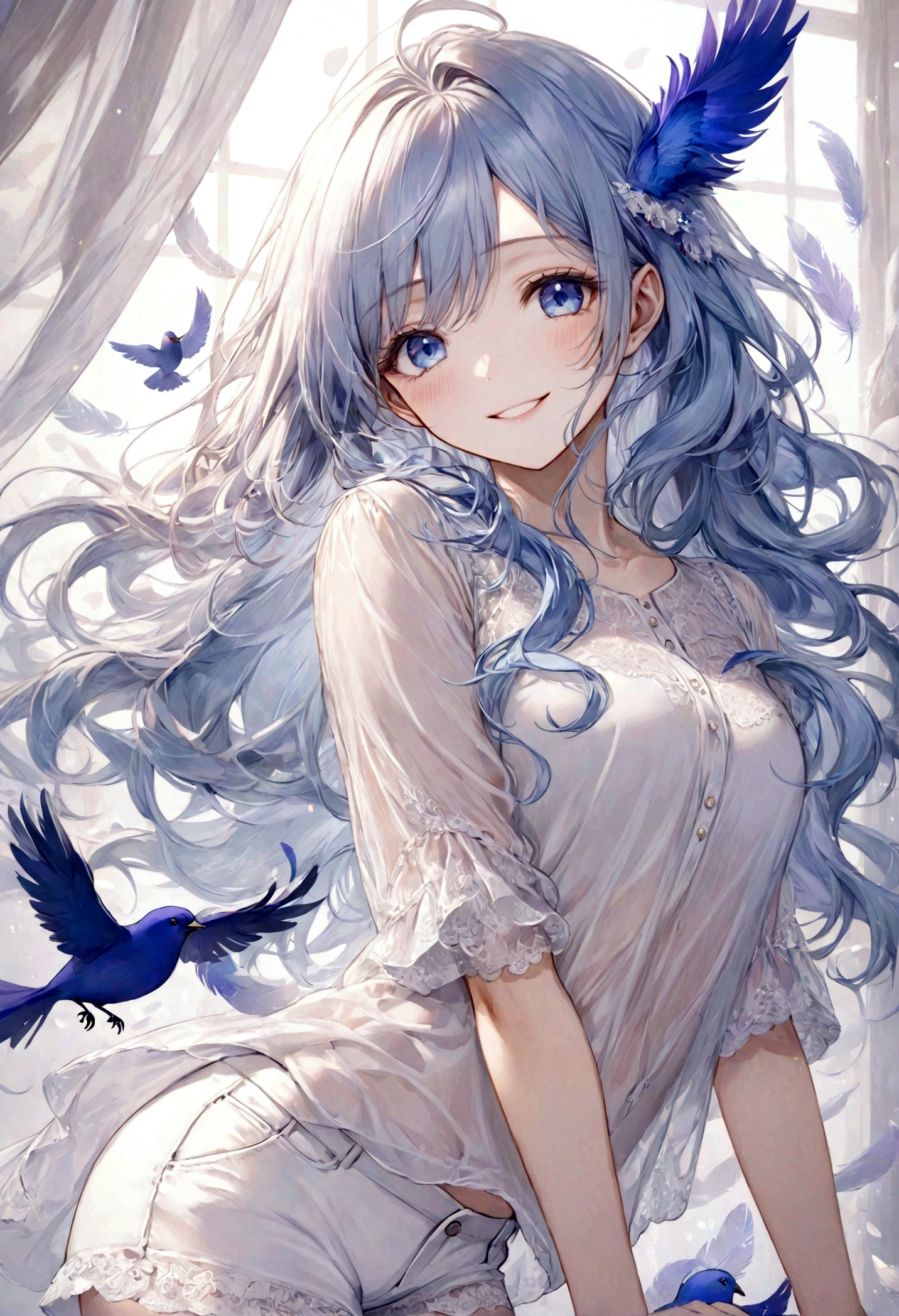 ((top-quality)), ((​masterpiece)), ((ultra-detailliert)), (extremely delicate and beautiful), beautiful woman, bright light blue hair, long wavy hair, sapphire blue eyes, wearing sheer white shirt, wearing sheer white shorts, graceful smile, sweet smile, relaxed expression, fair complexion, one round dark purple bird, feathers in the background