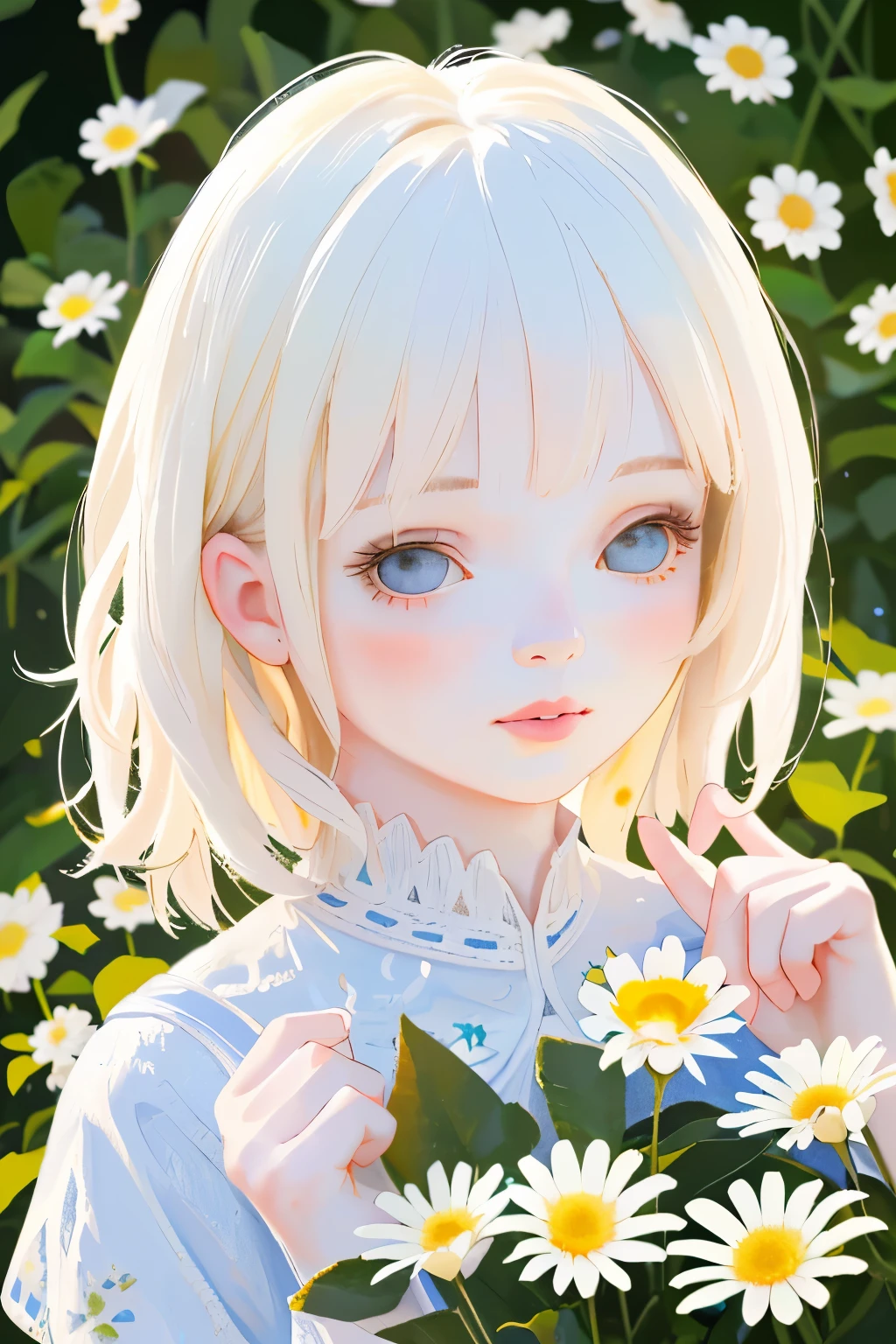 1girl, highly detailed, photorealistic, adorable chibi girl, holding a daisy in her left hand, plucking the petals of the daisy with her right hand, beautiful detailed eyes, beautiful detailed lips, extremely detailed face and hair, intricate floral dress, soft lighting, delicate petals, serene expression, pastoral garden background, vibrant colors, cinematic composition, masterpiece, (best quality,4k,8k,highres,masterpiece:1.2),ultra-detailed,(realistic,photorealistic,photo-realistic:1.37)