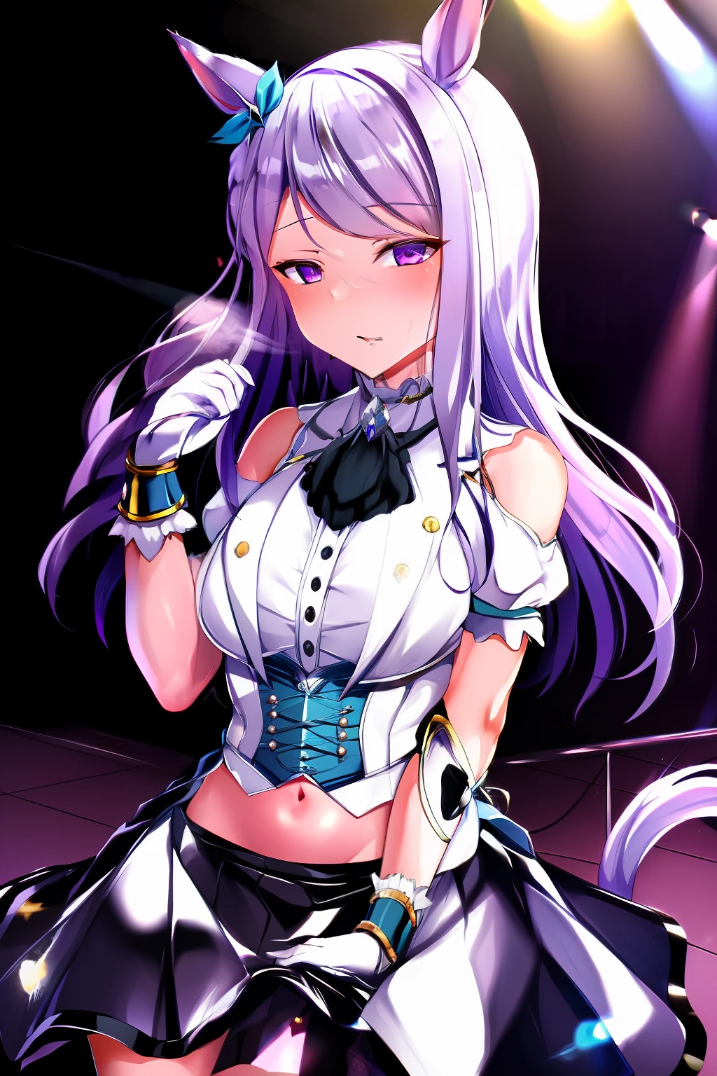 (masterpiece, best quality:1.2), 1girl, solo, Mejiro McQueen, Mejiro McQueen\(umamusume\), silver hair, long hair, horse ears, horse girl, long hair, glowing eyes, layered skirt, (dark magical girl), corruption, combatant, pelvic curtain, looking at viewer, shiny glossy skin, on stage, concert, spotlight