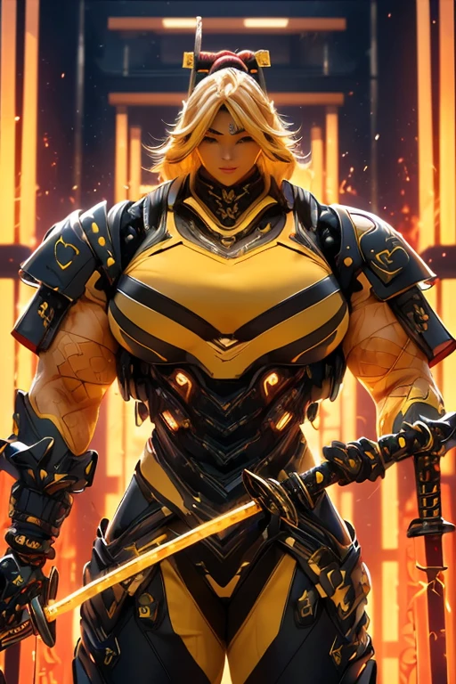 ((((Massive, beautiful, buff, muscular light brown skinned female samurai with yellow hair, black lipstick, ginormous bulky muscles, holding a yellow fire sword and wearing an all yellow cyber samurai armor with pants)))), {close view}, black eyeliner, massive muscles, large breast, massive biceps, hyper muscle triceps, (long flowing hair), gray eyes, samurai boots, In a futuristic city, sleeveless, steel samurai armor, nighttime, closed smile, hyper muscles arms, hyper muscle legs, ginormous arms