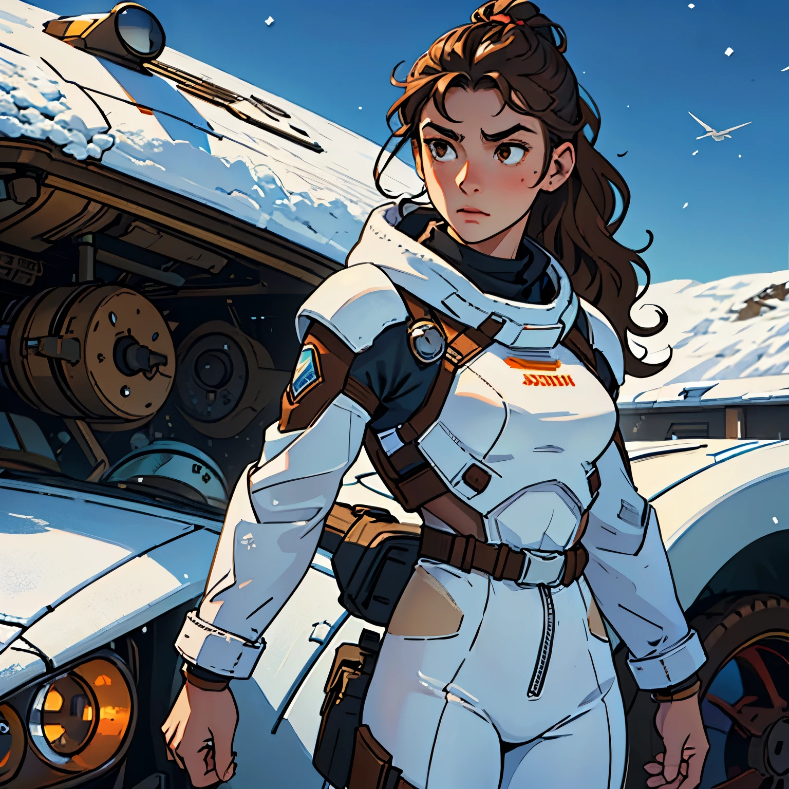 (Caucasian teenager), 18 years old, brown eyes, (wavy brown hair), (hair tied back), medium hair, small breasts. She wears a white sci-fi suit, solo, in the middle of the snow, watching a spaceship in the sky