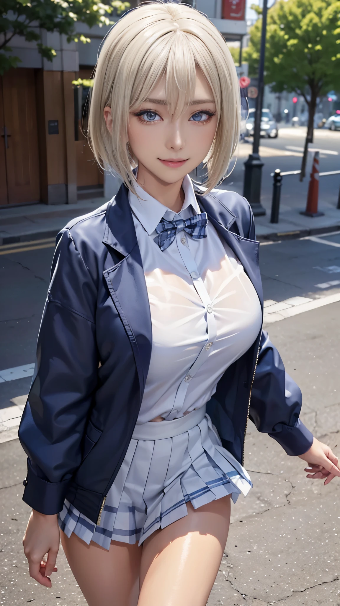 (Best Quality, 8K, 32K, masutepiece, nffsw:1.2), (Realistic:1.5), (masutepiece, Highly detailed CG Unity 8k wallpaper, Best Quality, hight resolution:1.2), (ultra-detailliert, nffsw:1.2), (Cowboy Shot:1.3), BREAK, (Wearing a uniform, Navy jacket:1.3, White collared shirt:1.3, Plaid pleated skirt:1.3, White sneakers:1.3), bright expression, shiny white shiny skin, Best Looks, ultimate beauty girl, BREAK, (Platinum blonde hair with dazzling highlights, Layered Pixie Short Hair:1.5, shiny light hair, Silky straight hair, Beautiful that shine), BREAK, Glowing crystal clear attractive blue eyes, extremely beautiful and cute, Lush bust, masutepiece, Best Quality, Capture super cute moments, depth of fields, ultra-detailliert, Ultra High Resolution, C4D, Octadale, 3D Modeling, 8K, 16 K.,high_School_girl、(mesugaki Smile:1.5)