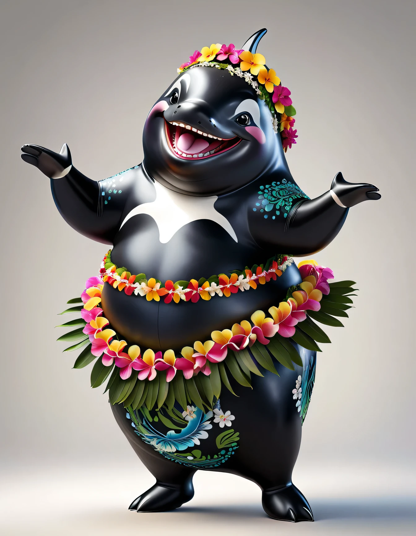 photorealistic portrait of Dressed animals - a ((fat))killer whale hula dancer,(hula dancing:2.0), (swinging arms :2.0),(happy smile:1.2),high quality,(happy),(lovely) ,intricate details, (furry), highly detailed (( hula dance costume)) ,highly detailed decorations, wearing (bikini) and flower lei , (happy), studio lighting,(full body image:1.5),simple background,(viewed from side:2.0),