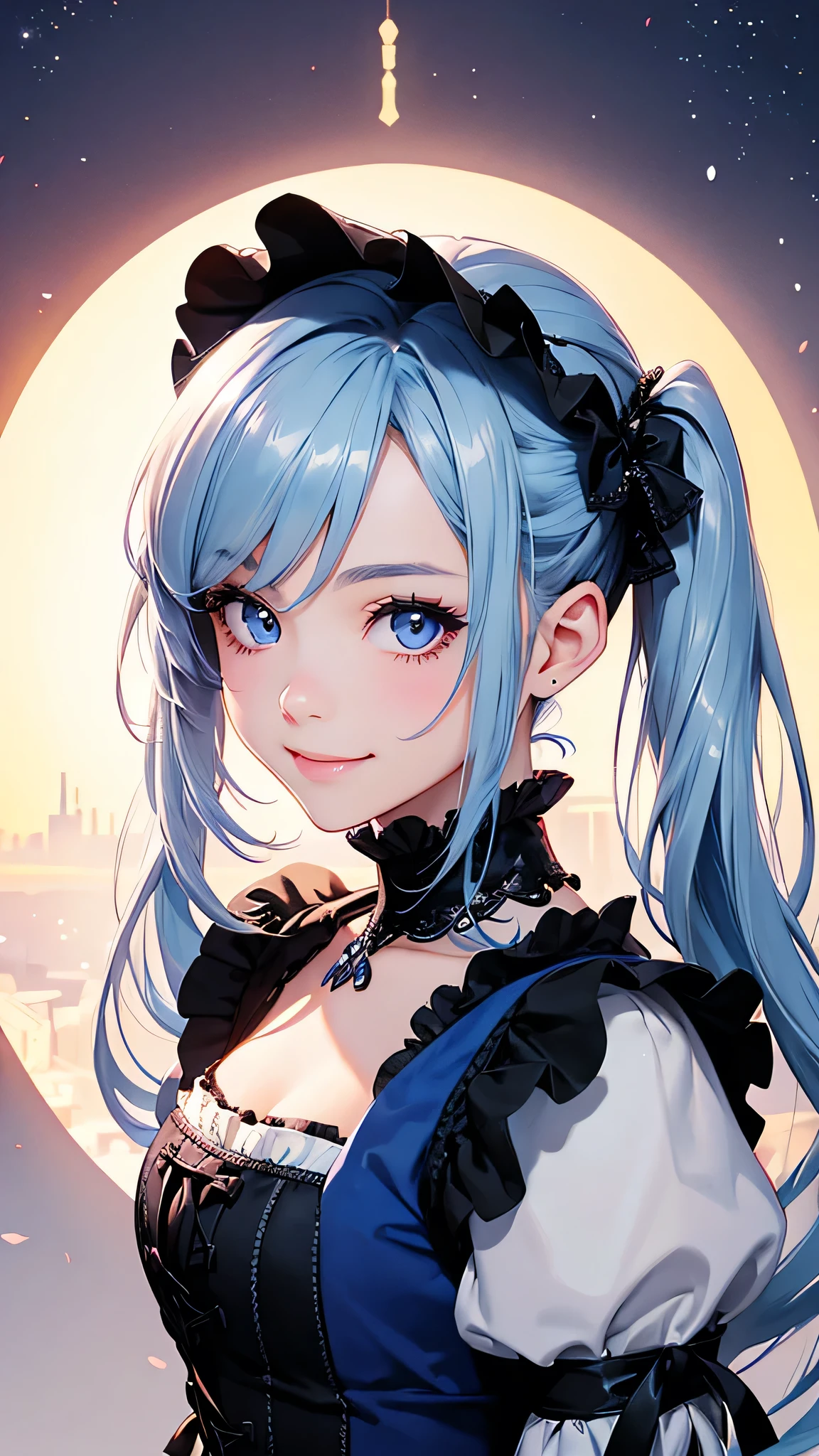 highest quality、Realistic、Women、zoom、cute、Full make-up、Blue Hair、Silver Eyes、Twin tails、Gothic ta、smile、Looking down、smile、Bust Shot、