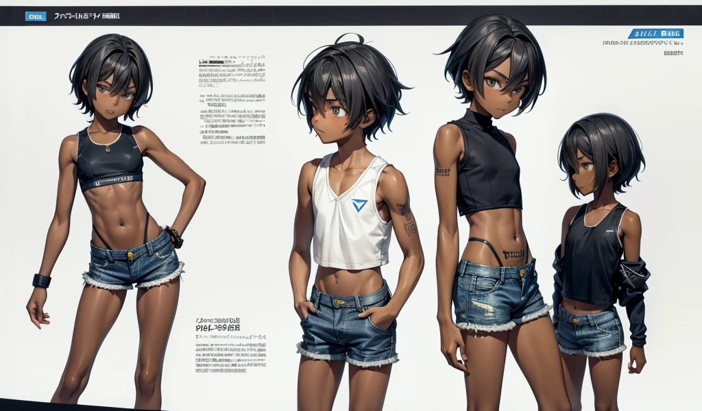 A twelve-year-old boy with short gray hair and dark skin,flat chest,Very slim figure,Sports bras,Vest,tattoo,Thin legs,Denim shorts,City