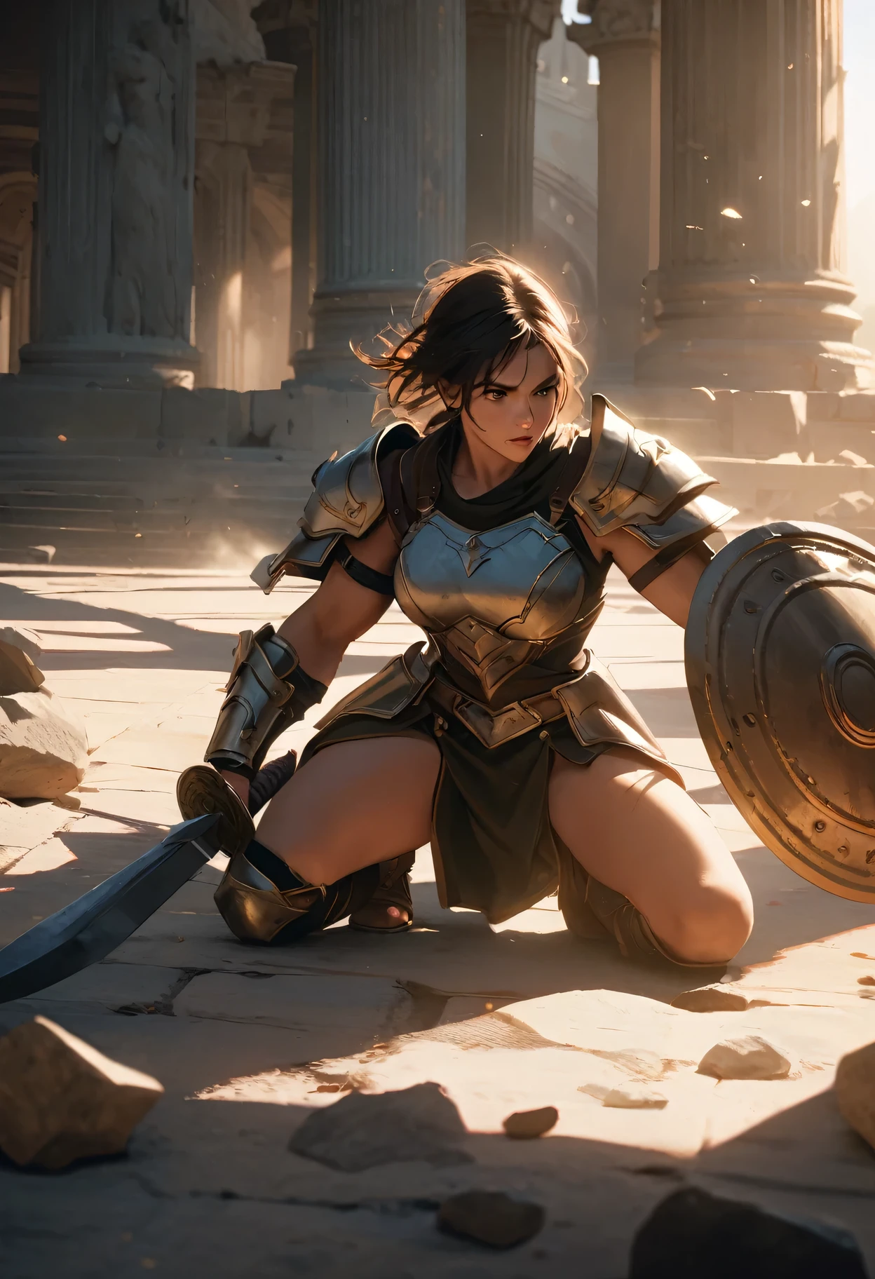A female gladiator in the arena, detailed armor, battle-worn clothing, determined expression, muscular physique, holding a sword and shield, ancient Roman setting, grand marble columns, dramatic lighting, cinematic composition,cinematic lighting,dramatic shadows,chiaroscuro,epic battle scene,heroic,gritty,intense, (best quality,4k,8k,highres,masterpiece:1.2)