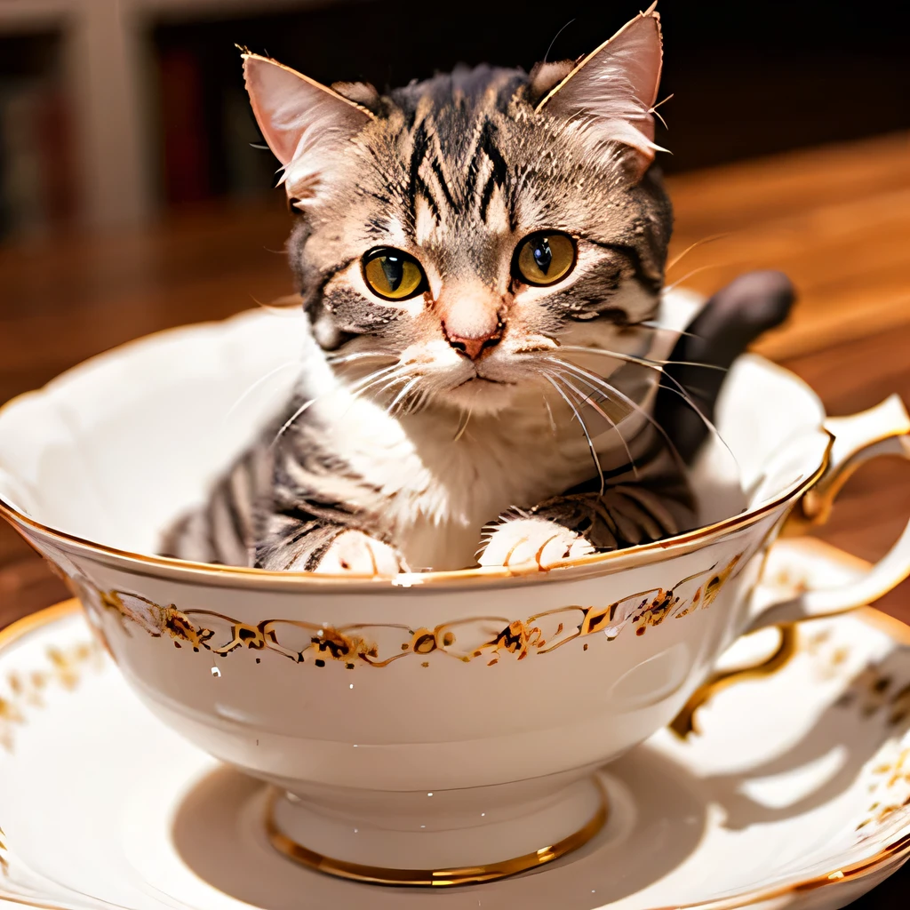 raw photo , 8K, ultra detailed, close up, (cat in teacup:1.3), teacup