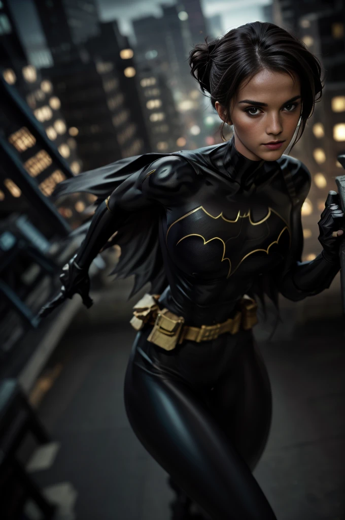 a dangerous and seductive Batgirl, 1girl, Emma Watson as Batgirl, beautiful detailed eyes, beautiful detailed lips, extremely detailed face and features, long eyelashes, flowing dark hair, tight black bodysuit, action pose, city skyline background, dramatic lighting, high contrast, vibrant colors, comic book style, dynamic composition, HDR, 8k, cinematic, trending on ArtStation, masterpiece, ultra-detailed, hyper-realistic, photorealistic
