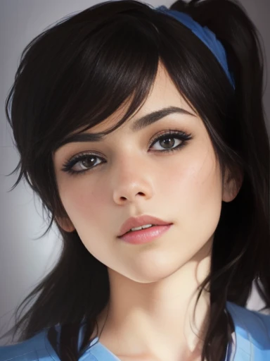a painting of a woman with rosy cheeks and a blue shirt, highly_detailed_face!!!, character portrait closeup, smudged face, by Altichiero, close up face detail, highly detailed face!, hyper detail portrait, inspired by Eva Frankfurther, cynical face, realistic portrait, closeup character portrait, high detailed face!!!, speedpaint