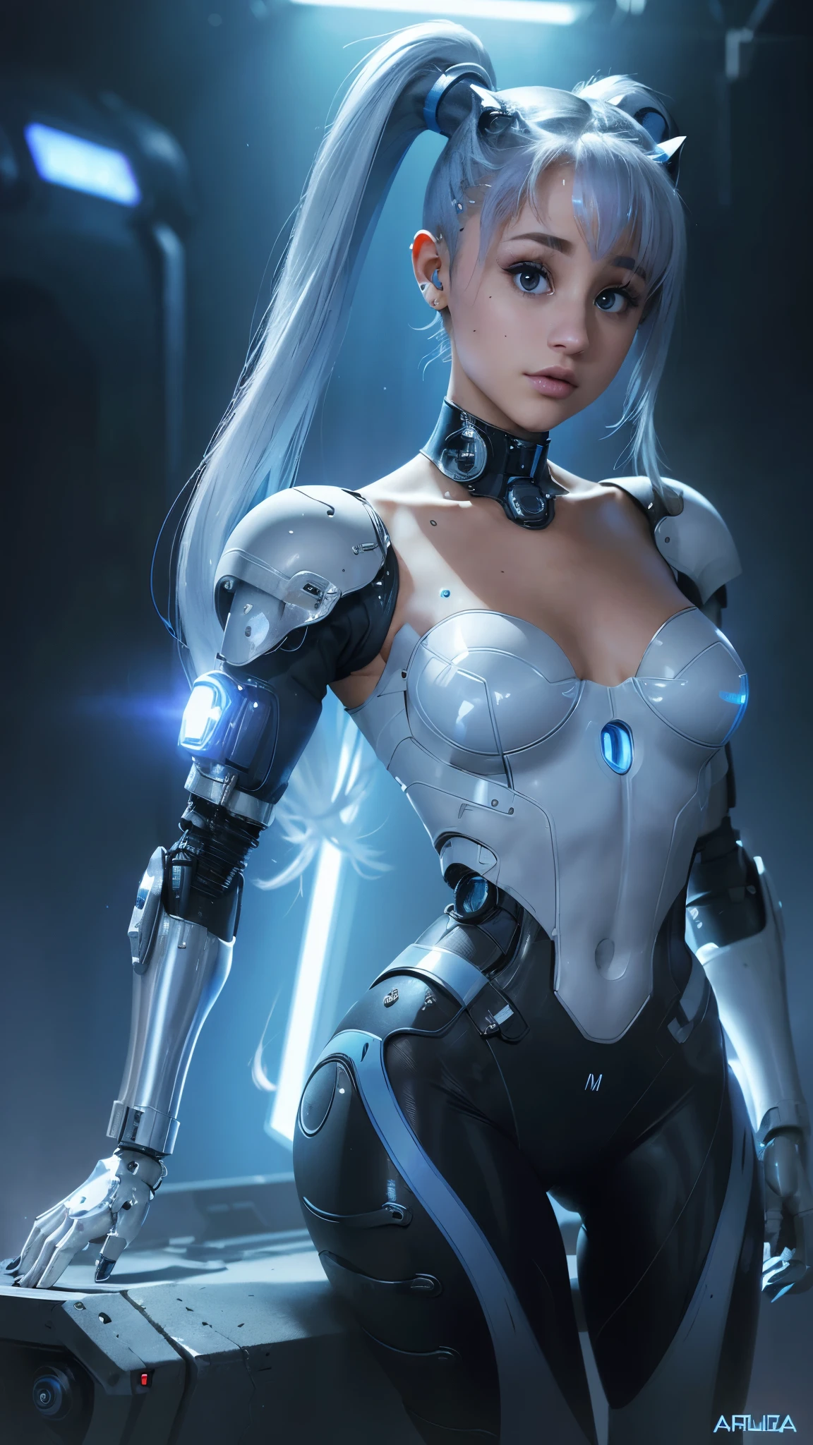 Full-body cybernetic girl with a ponytail. O rosto de Ariana Grande.,(Fondo de ruinas de mazmorra en ruinas cyberpunk :1.4 ), Bright white color to show that she is a cyber whit laser rifle girl.( Sobrancelhas brancas:1.4) . roupas como catsuit. She also has bright blue eyes. The environment is like a terminator. (Hair is platinum:1.4) . She is illuminated with the bright blue color on one side of her face. Led como. And both hands also have the led light. (Ariana Grande :1.4), (Ariana Grande V2.1), (perfect anatomy :1.4), (face detailed Ariana Grande :1.4), (cyborg white mecánico plastic transparent :1.4)