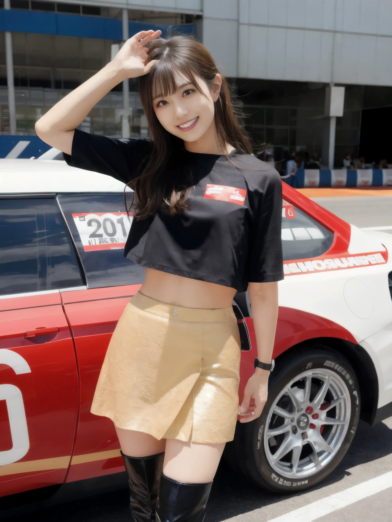 1 girl:1.3),Zent,Black mini skirt,alone,Long Hair,(whole body:1.5),Black Hair,abdomen,smile,Realistic,(Black long boots),Crop top,Are standing,Beautiful Japanese Girl,(Race Queen),wave hands,thin,Detailed aspect,Beautiful Hair,Beautiful Skin,smile,Beautiful person (woman),(dynamic_angle:1.2),Depth of written boundary,, (8k, RAW Photos, highest quality, masterpiece:1.2), (Realistic, photo-Realistic:1.37),Ultra-high resolution, Super detailed, Super detailed, Detailed skin, Sharp focus,(Beige pantyhose)、(黒のRace Queenのエナメルコスチューム)、At a Japanese circuit、Large crowd、Cool sports car、
Waiting to start 