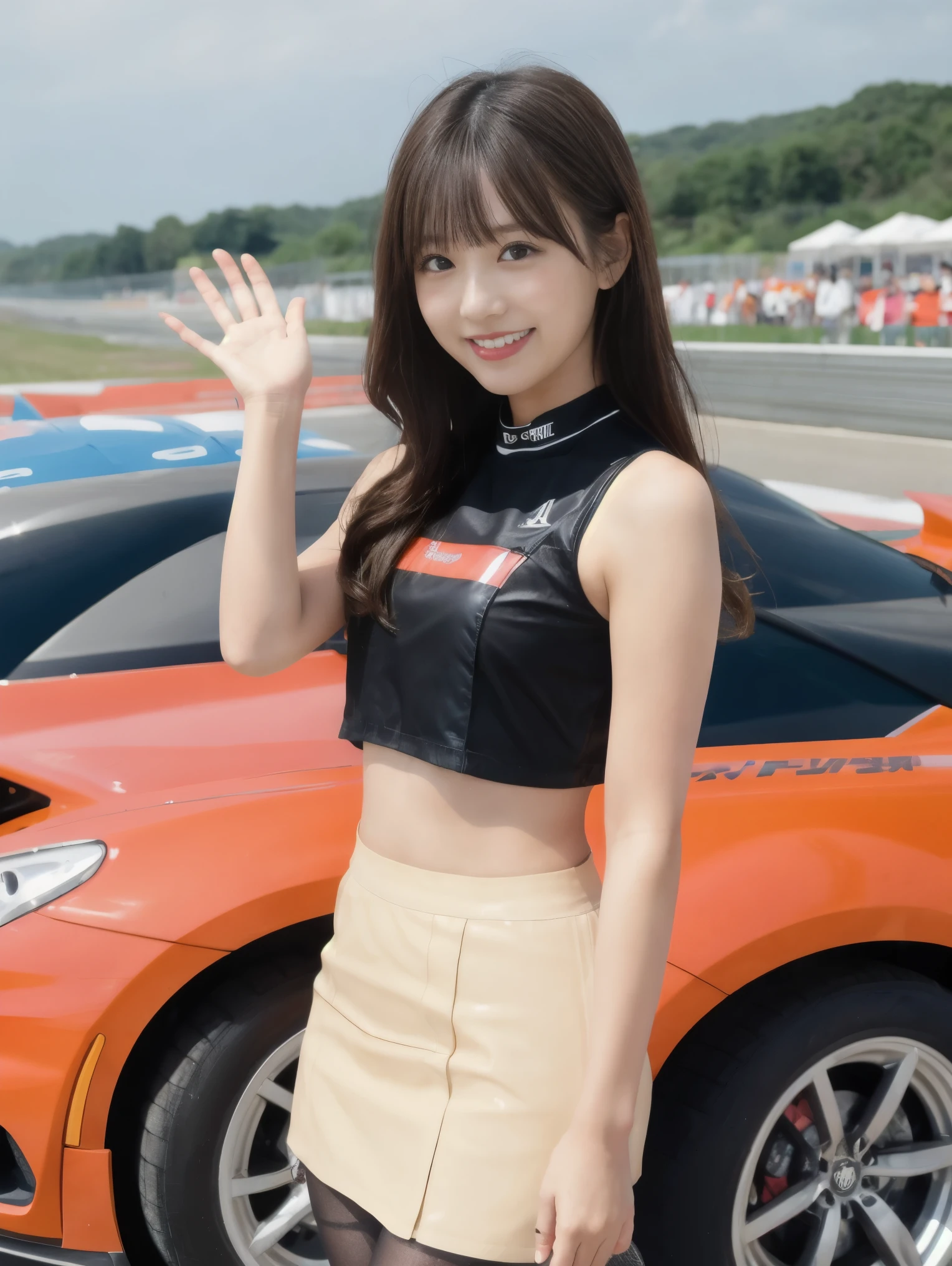 1 girl:1.3),Zent,Black mini skirt,alone,Long Hair,(whole body:1.5),Black Hair,abdomen,smile,Realistic,(Black long boots),Crop top,Are standing,Beautiful Japanese Girl,(Race Queen),wave hands,thin,Detailed aspect,Beautiful Hair,Beautiful Skin,smile,Beautiful person (woman),(dynamic_angle:1.2),Depth of written boundary,, (8k, RAW Photos, highest quality, masterpiece:1.2), (Realistic, photo-Realistic:1.37),Ultra-high resolution, Super detailed, Super detailed, Detailed skin, Sharp focus,(Beige pantyhose)、(黒のRace Queenのエナメルコスチューム)、At a Japanese circuit、Large crowd、Cool sports car、
Waiting to start
